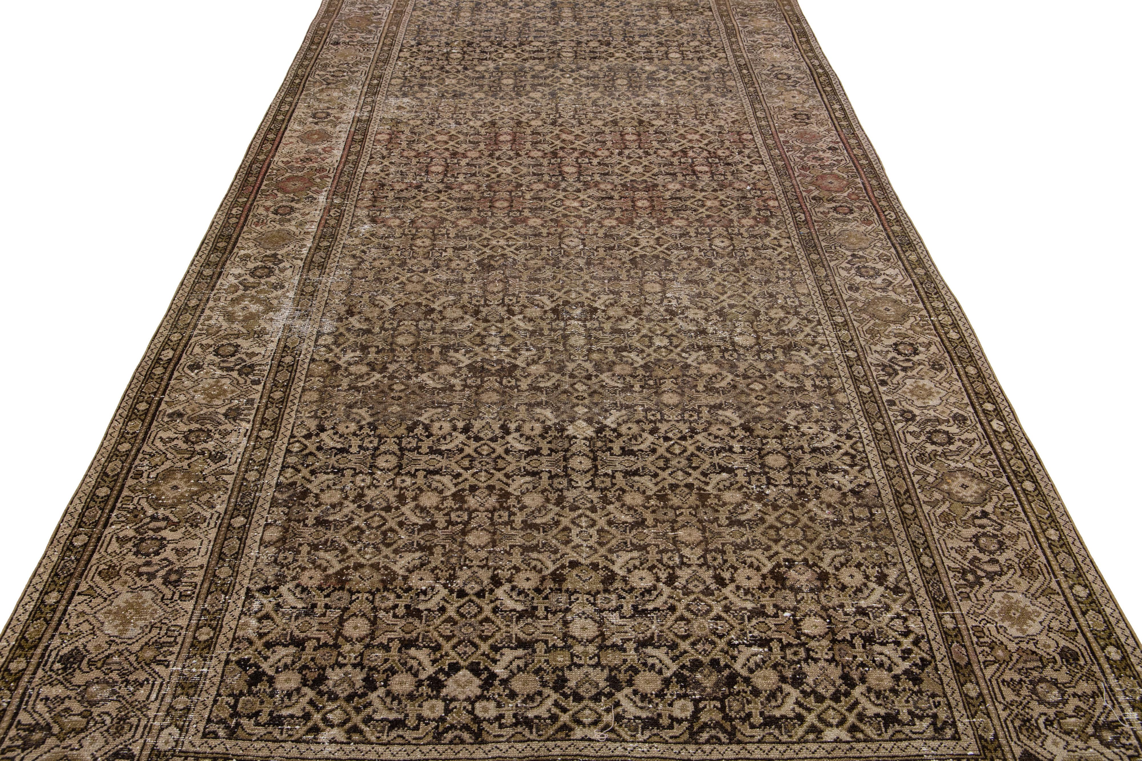 Hand-Knotted Antique Persian Malayer Brown Handmade Wool Rug with Allover Pattern For Sale