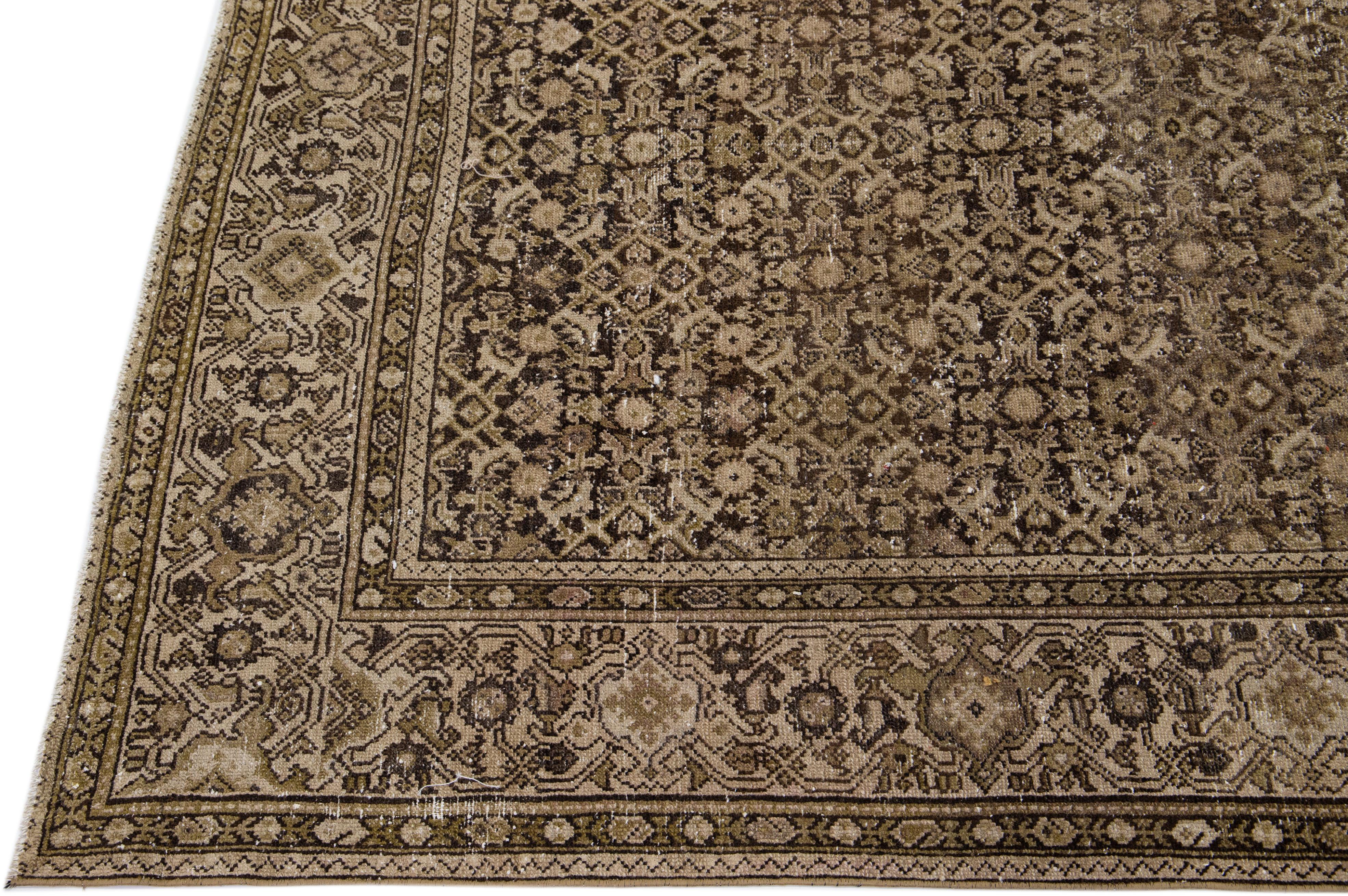 Antique Persian Malayer Brown Handmade Wool Rug with Allover Pattern In Good Condition For Sale In Norwalk, CT