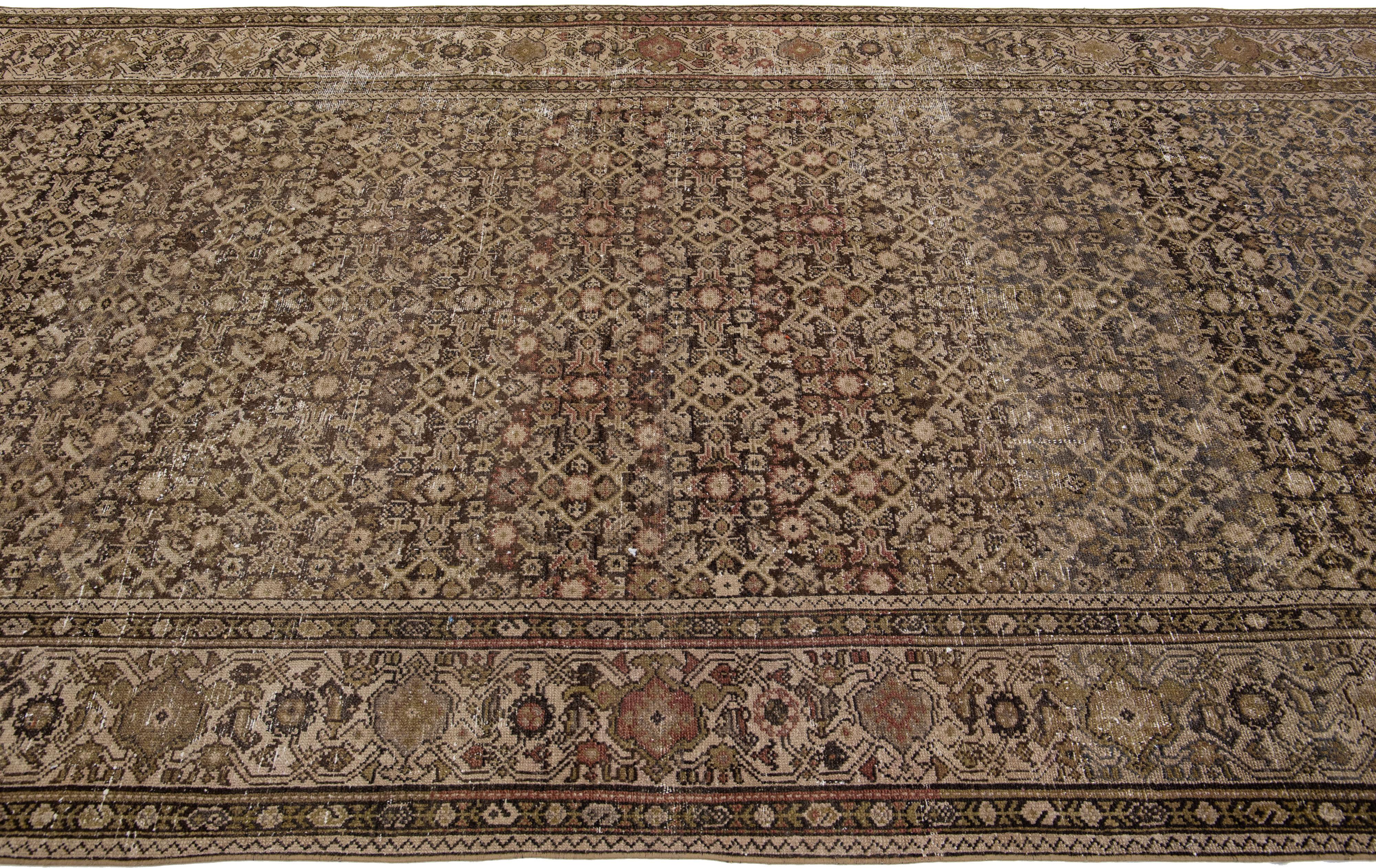 20th Century Antique Persian Malayer Brown Handmade Wool Rug with Allover Pattern For Sale