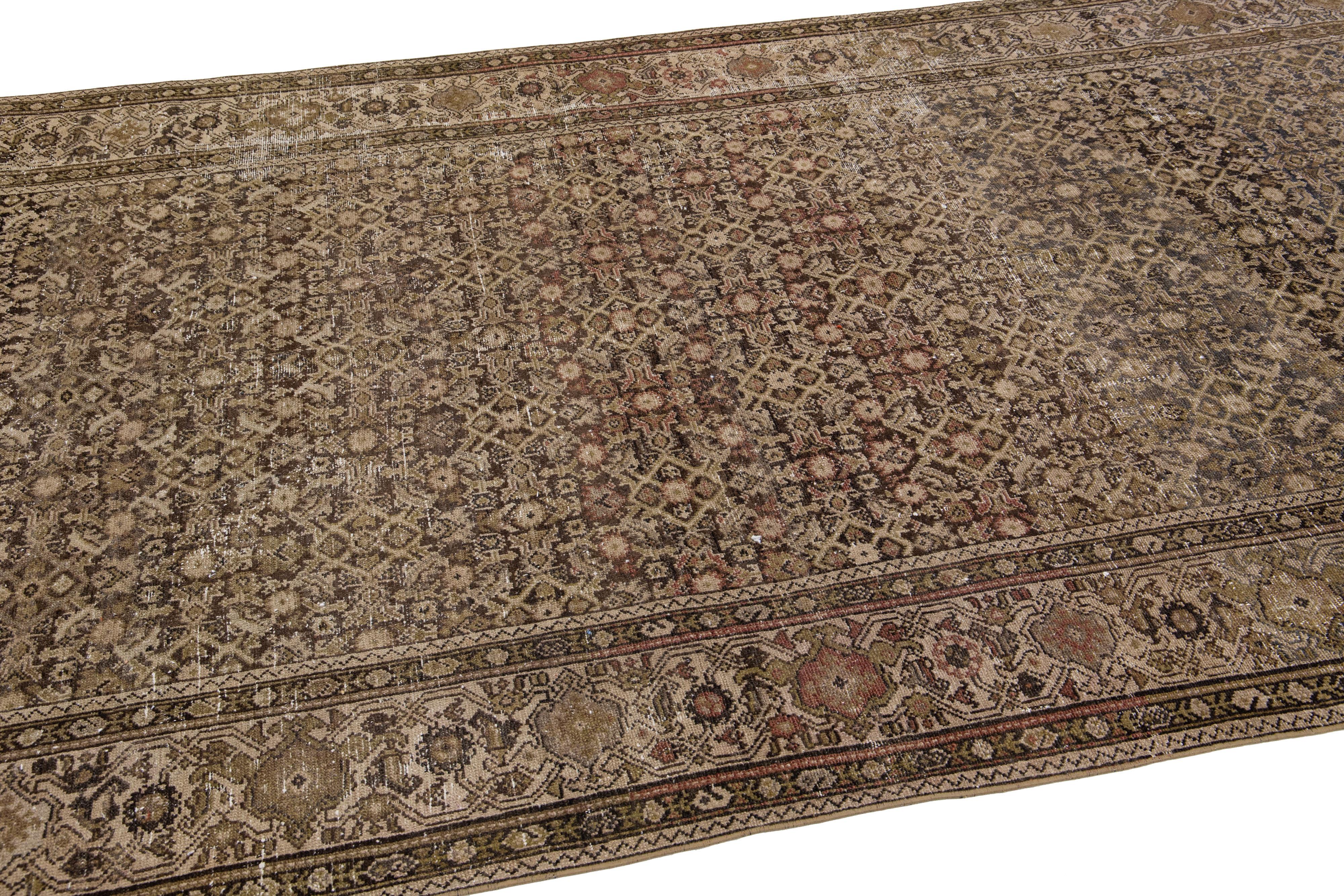 Antique Persian Malayer Brown Handmade Wool Rug with Allover Pattern For Sale 1