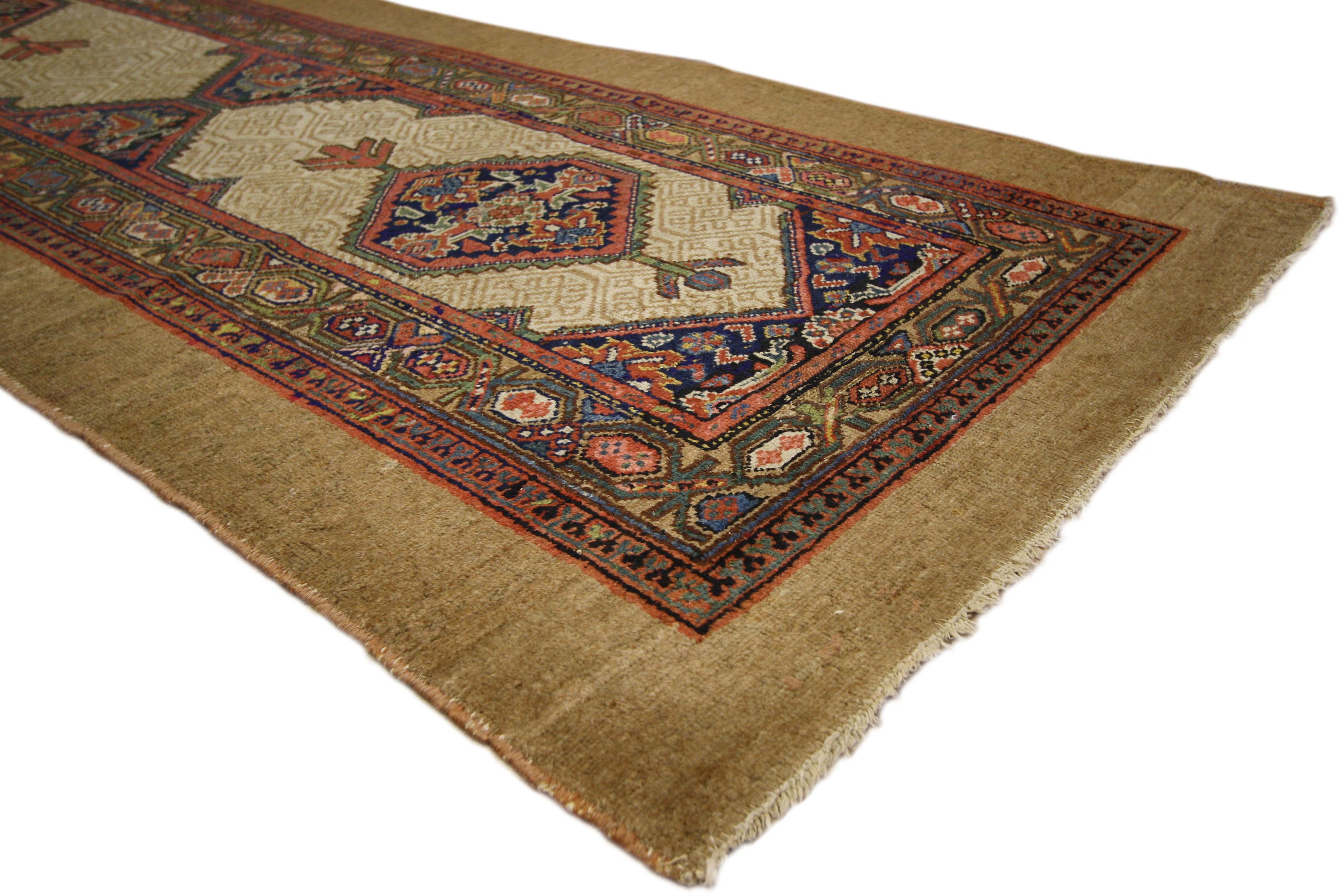 73688, antique Persian Malayer Camel Hair runner, hallway runner. This antique Persian Malayer runner is made with hand-knotted wool and camel hair. The antique Persian runner features two off-set stair-step hexagonal medallions anchored with