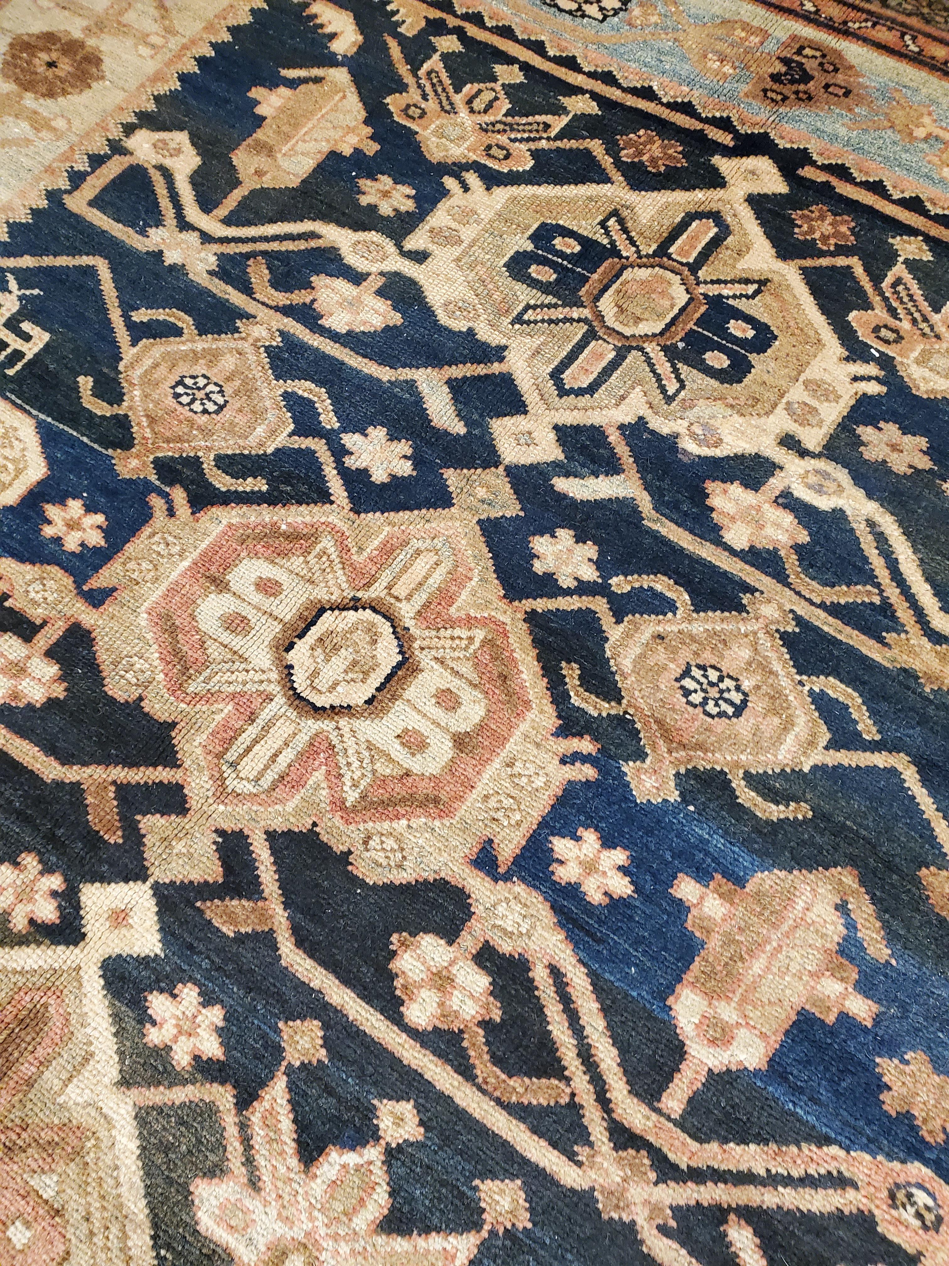 20th Century Antique Persian Malayer Carpet, Handmade Oriental Rugs, Navy, Orange, Cream For Sale