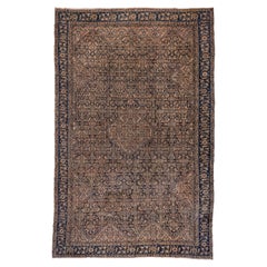Ancien tapis persan Malayer, champ ivoire et marine, vers 1910