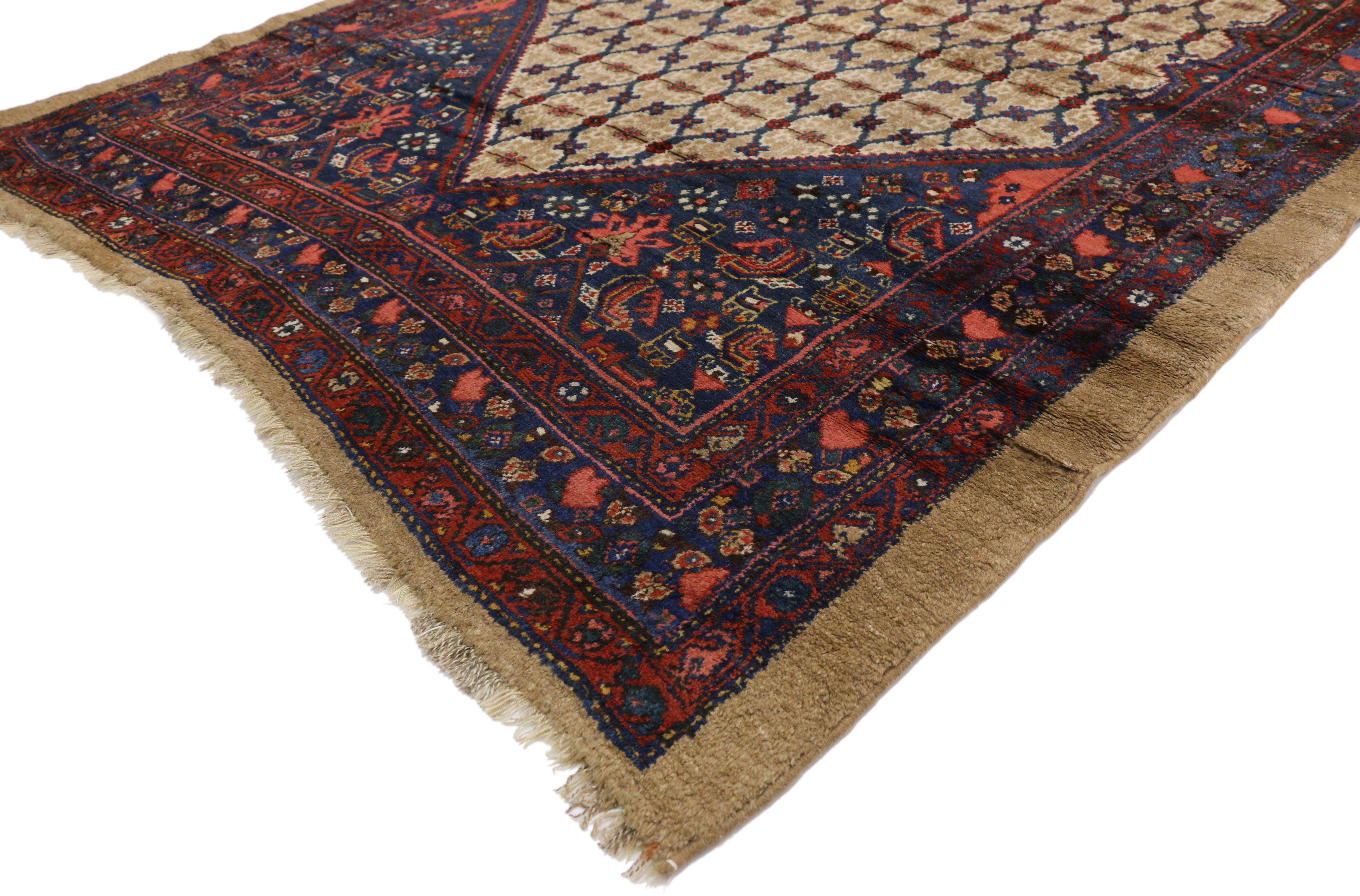 74849 Antique Persian Malayer rug Extra-Long Hallway runner 05'10 x 20'05. Displaying a timeless design and beguiling beauty, this hand-knotted wool antique Persian Malayer rug is a captivating vision of woven beauty. The abrashed beige field is