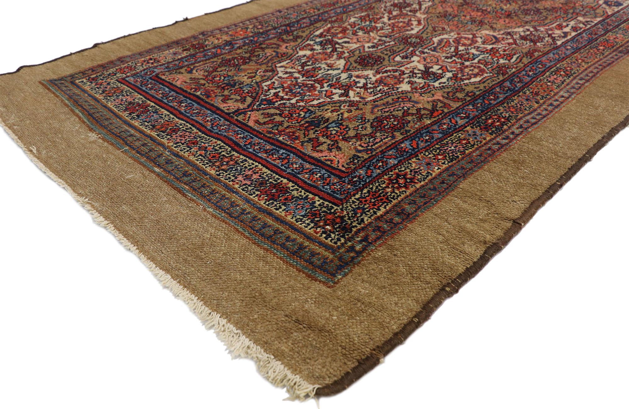 76654 Antique Persian Malayer Carpet Runner with Camel Hair, 03'05 x 20'05. Persian Malayer carpet runners are long, narrow rugs handcrafted in the city of Malayer, located in western Iran. These runners are renowned for their intricate designs,