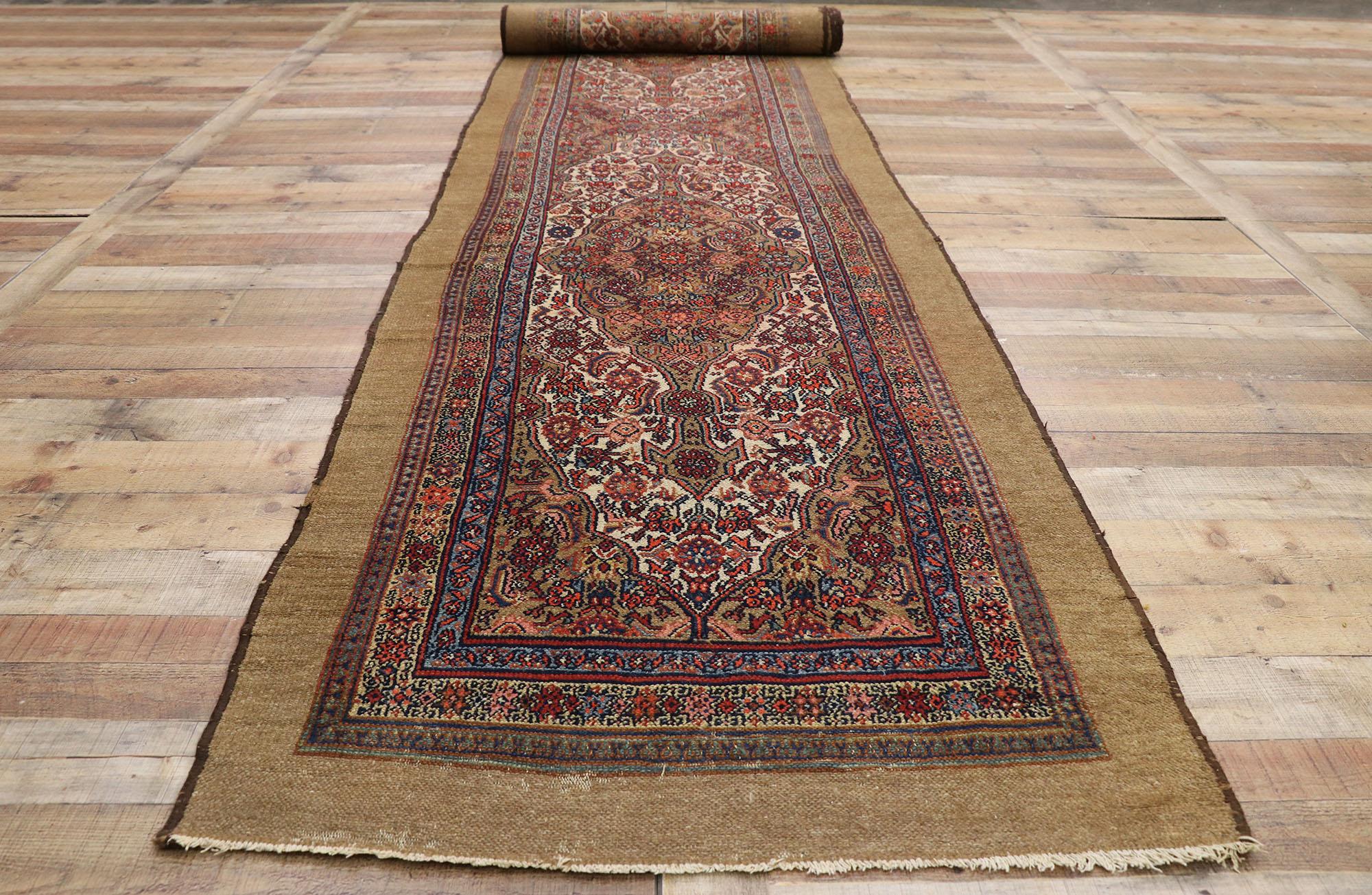Wool Antique Persian Malayer Rug with Camel Hair, Long Persian Runner For Sale