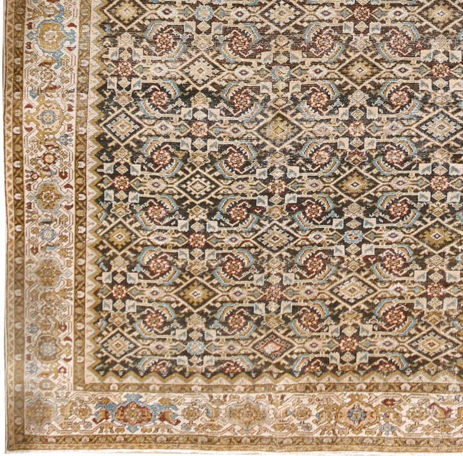 Antique Persian Malayer corridor carpet rug, circa 1900. A truly delightful antique Persian Malayer corridor rug, the rug is in very good condition with a low pile that adds the patina so special in antique and vintage rugs, the central deep blue