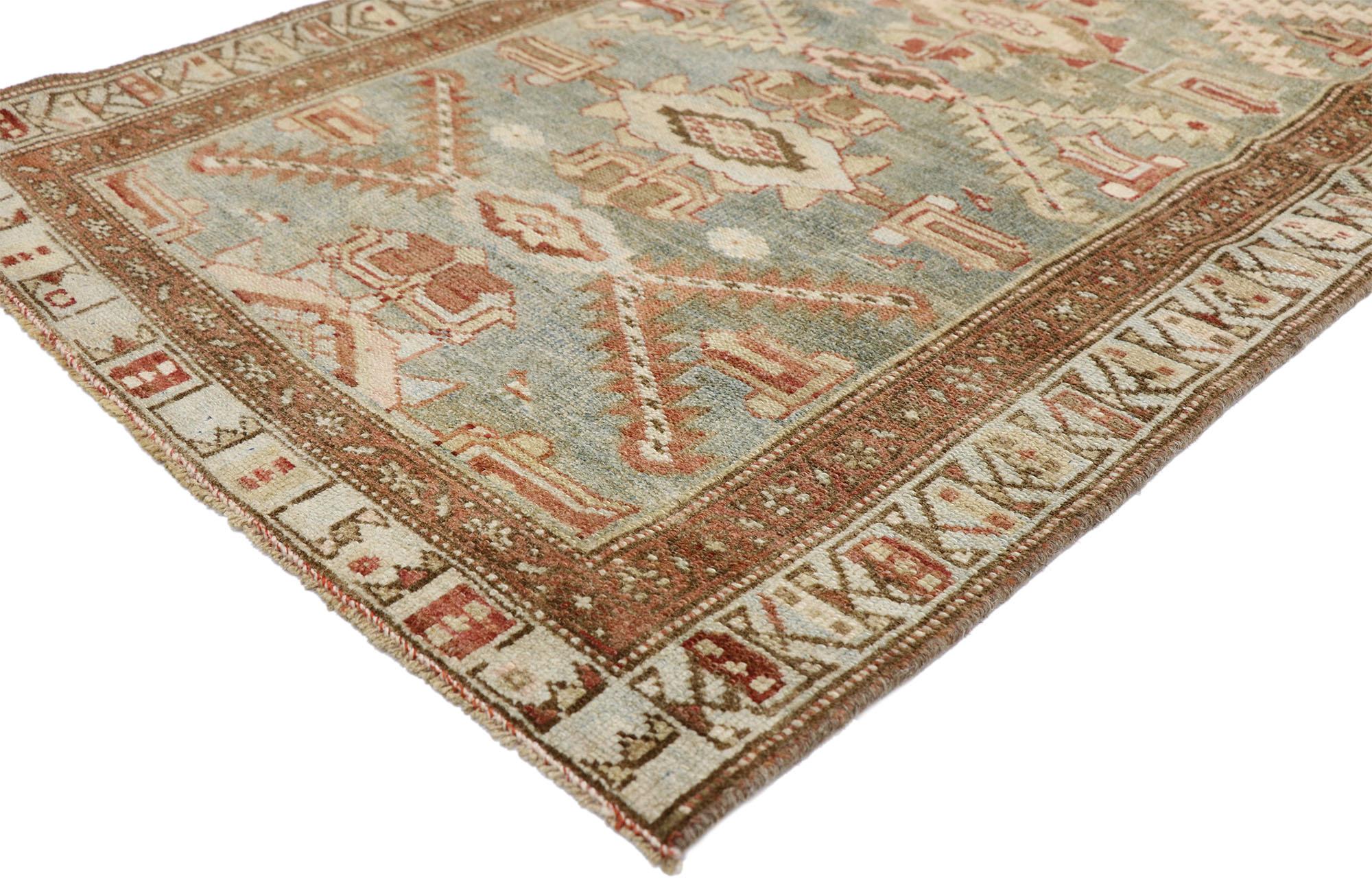 52619, antique Persian Malayer design runner rustic Georgian Arts & Crafts style. A timeless design combined with beautiful warm brick red tones and soft bluish-grey hues, this hand knotted wool antique Persian Malayer design runner is inviting and