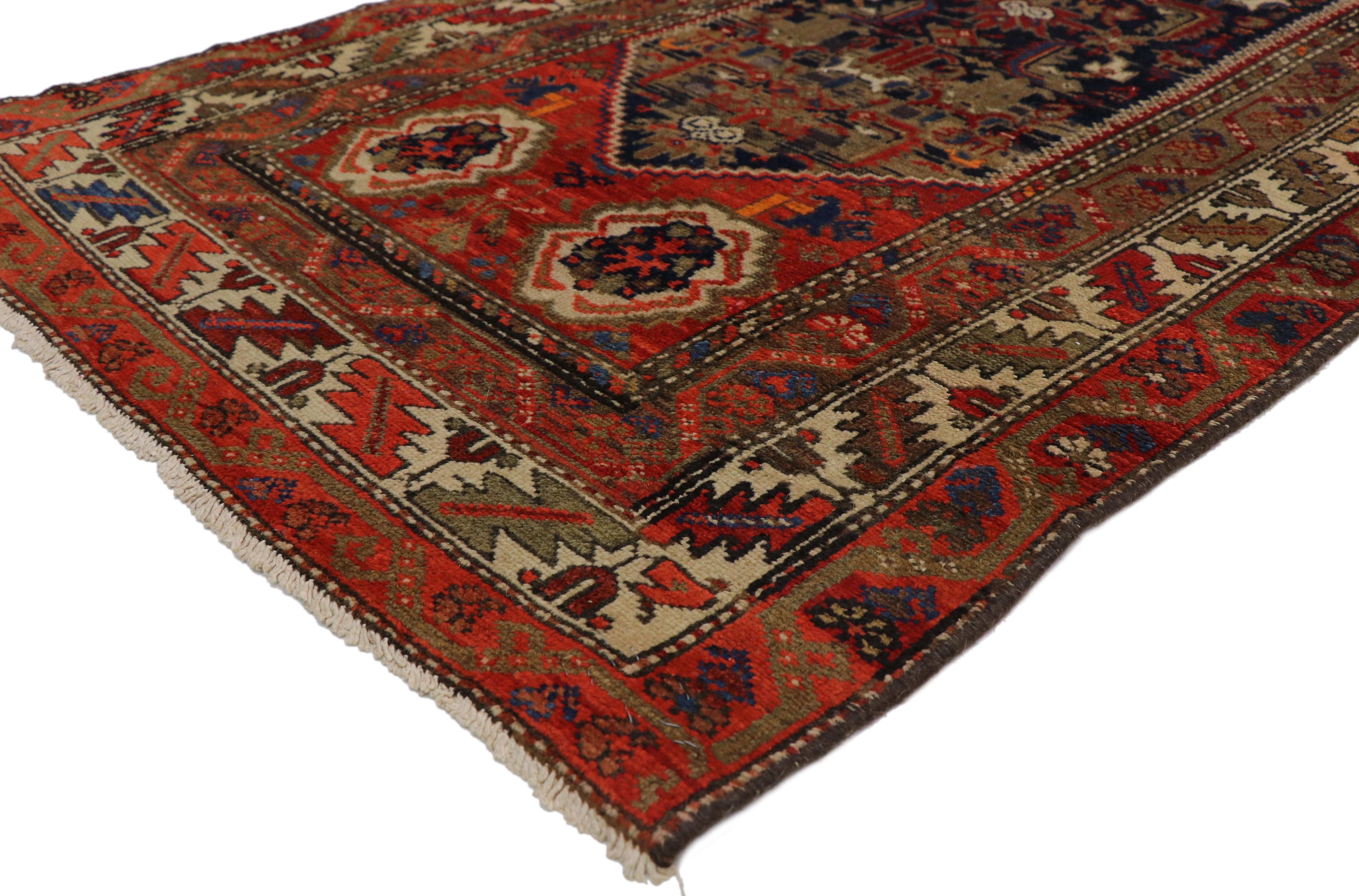 75001 Antique Persian Malayer Extra-Long Hallway Runner with Manor House Tudor Style. Ornate with brilliant colors and rectilinear architectural elements, this hand knotted wool antique Persian Malayer runner beautifully embodies Arts & Craft style.