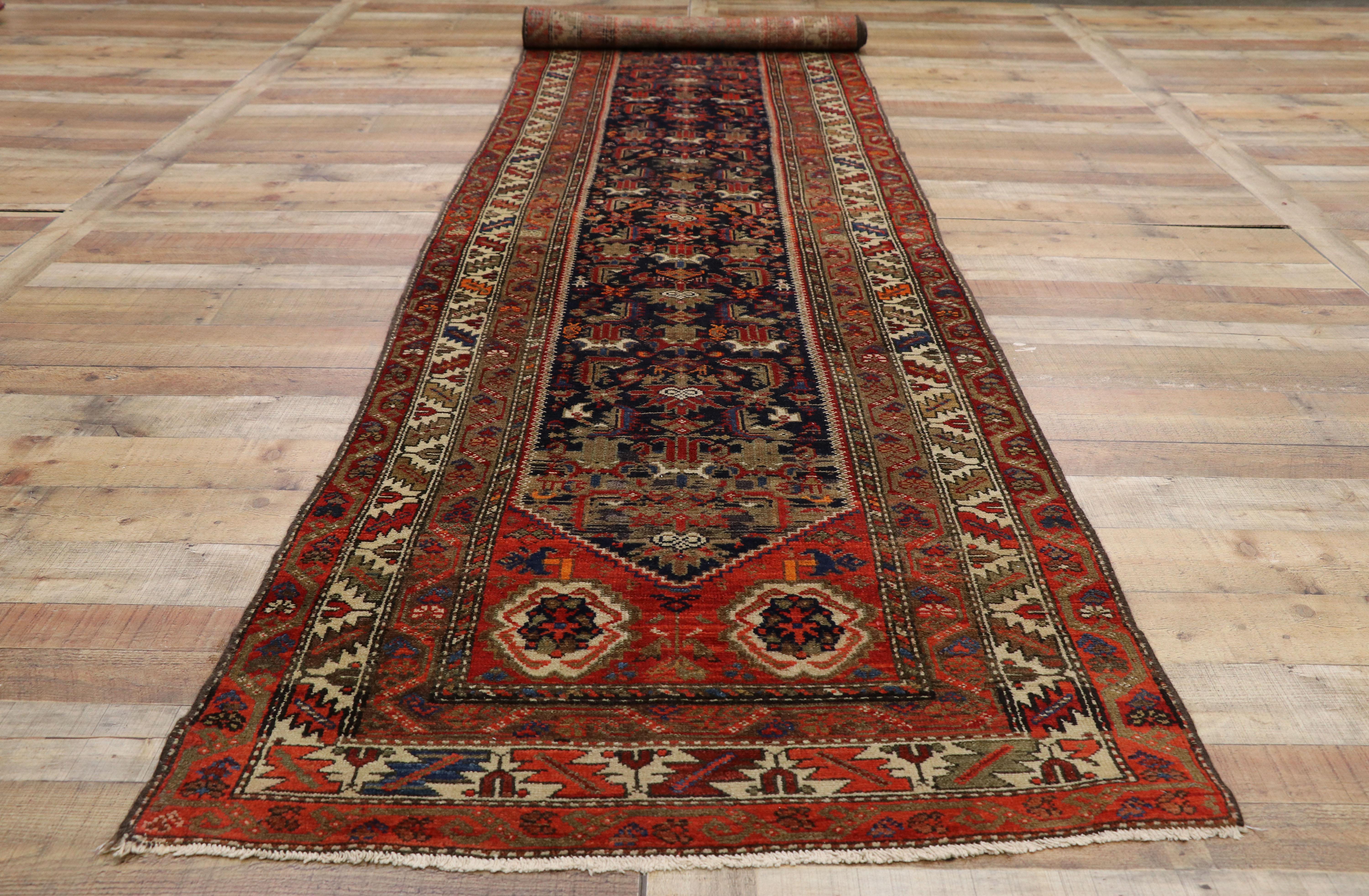 Wool Antique Persian Malayer Extra-Long Hallway Runner with Manor House Tudor Style For Sale