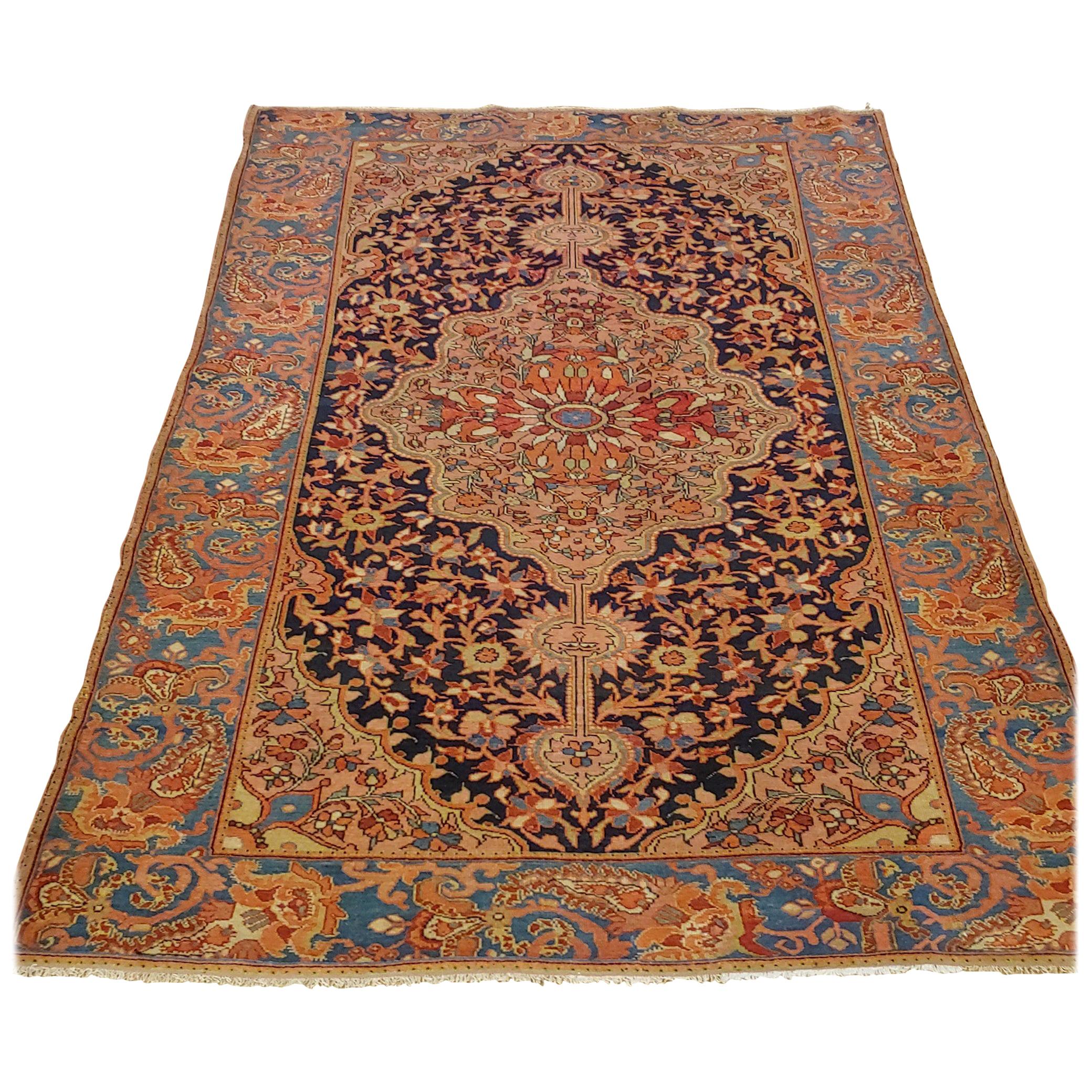 Antique Persian Malayer, Floral Motif on Navy, Paisley Border Wool, 4x6, 1910 For Sale