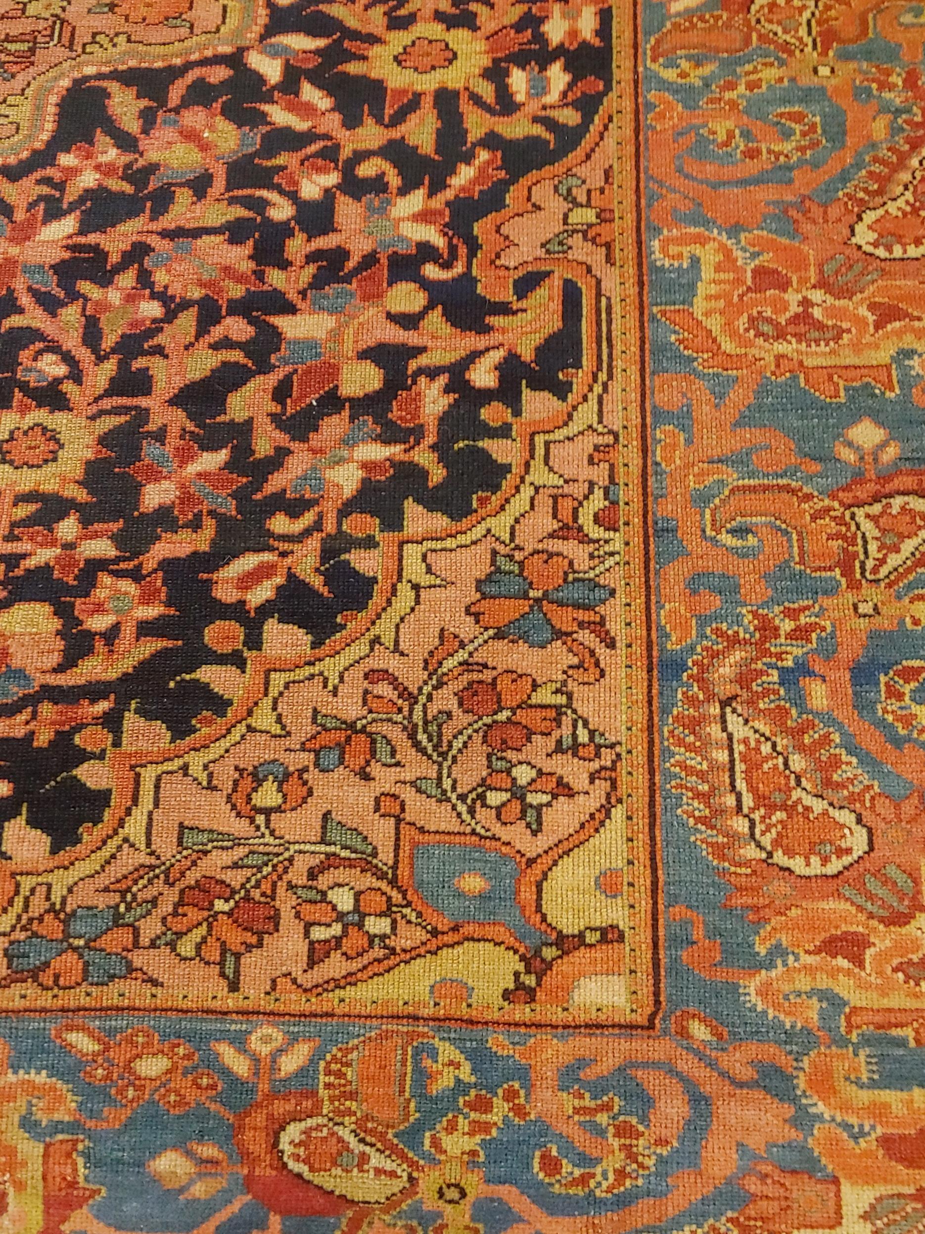 Antique Persian Malayer, Floral Motif on Navy, Paisley Border Wool, 4x6, 1910 In Good Condition For Sale In Williamsburg, VA