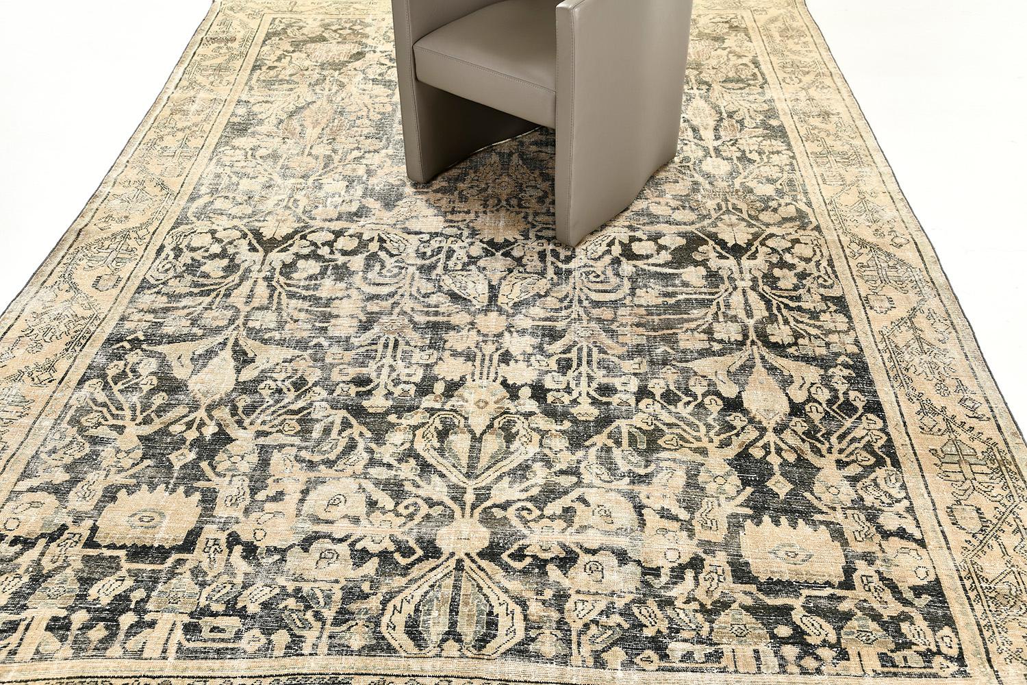 A majestic masterpiece from the Persian Malayer rug features a captivating design. The astonishing traditional pattern is framed by a soft and light gold design. A lustrous centerpiece that will bring elegance to every style you could ever dream