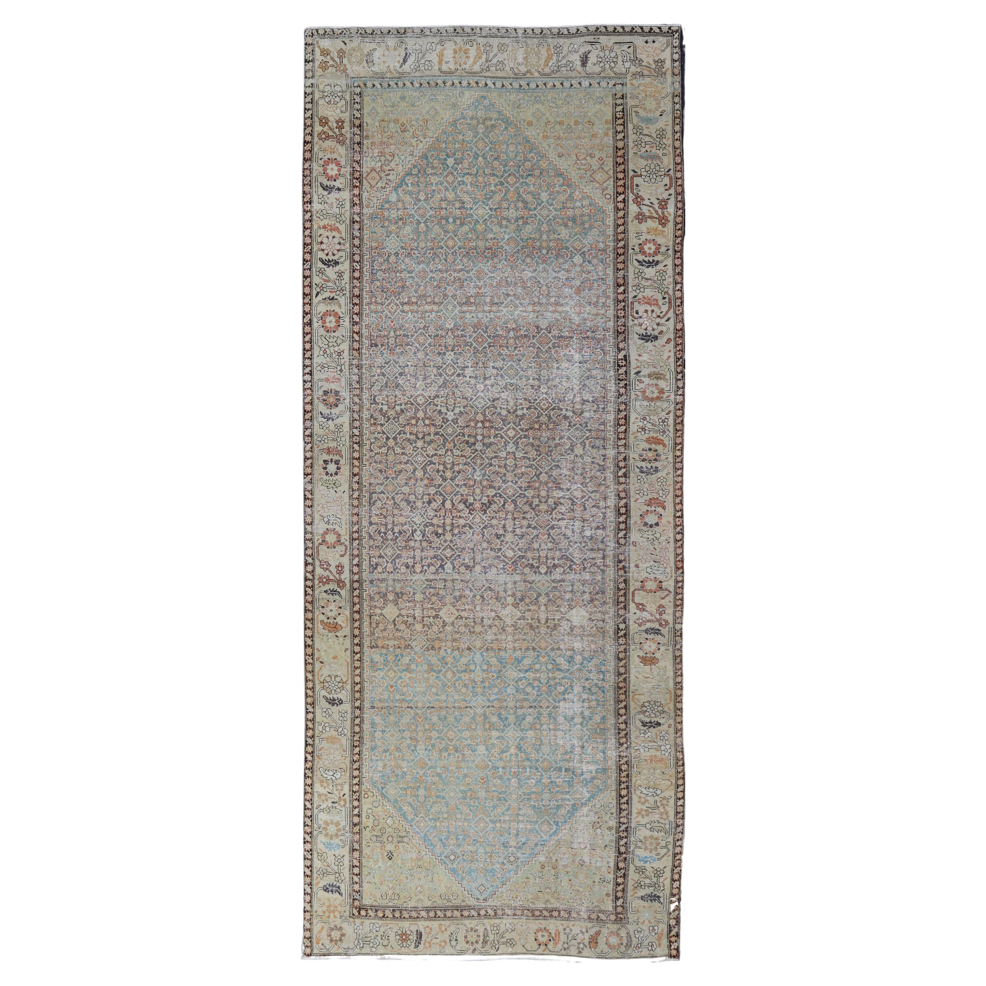 Antique Persian Malayer Gallery All-Over Geometric Design In Muted Colors For Sale