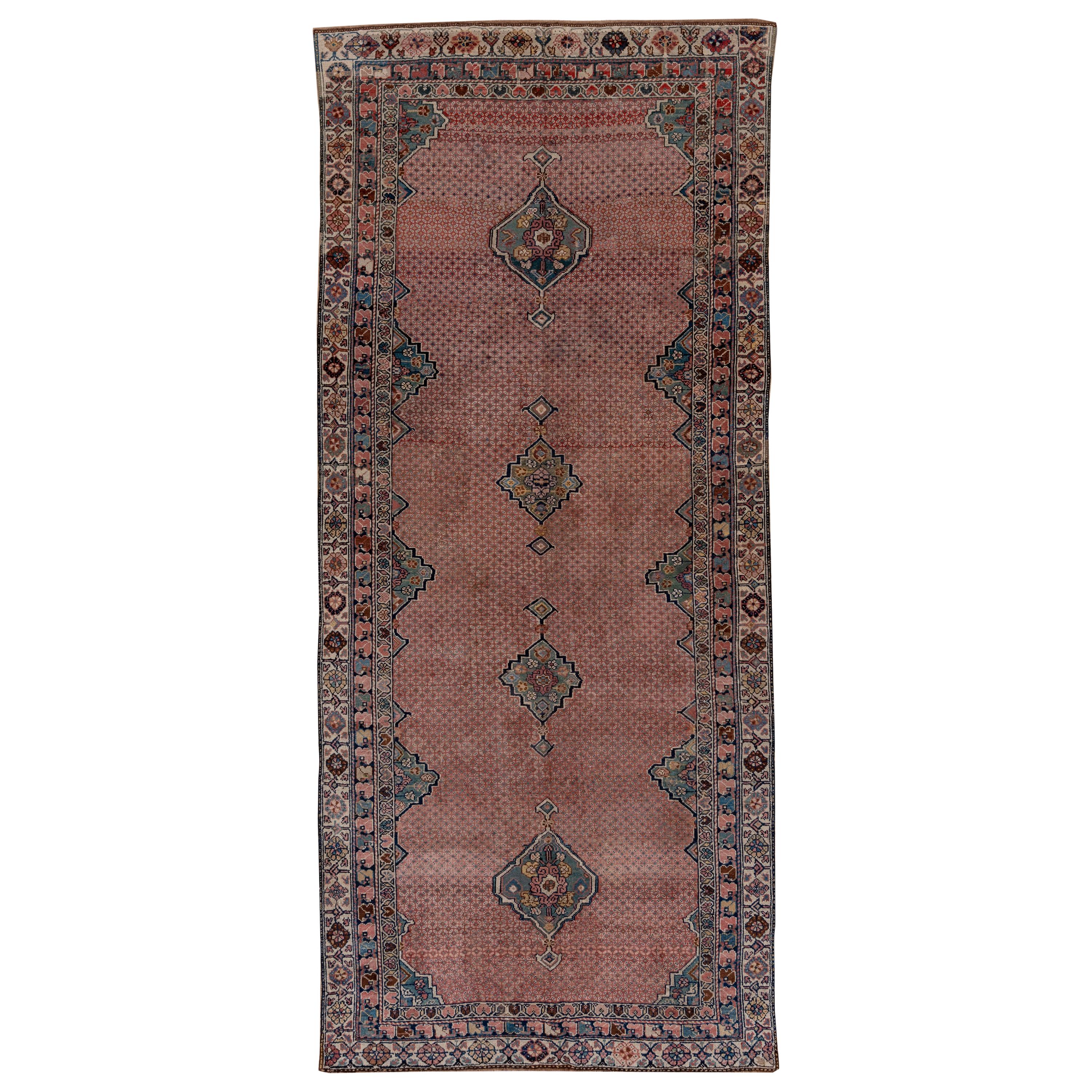 Antique Persian Rug Yazd Design with Red and Pink Medallion Field