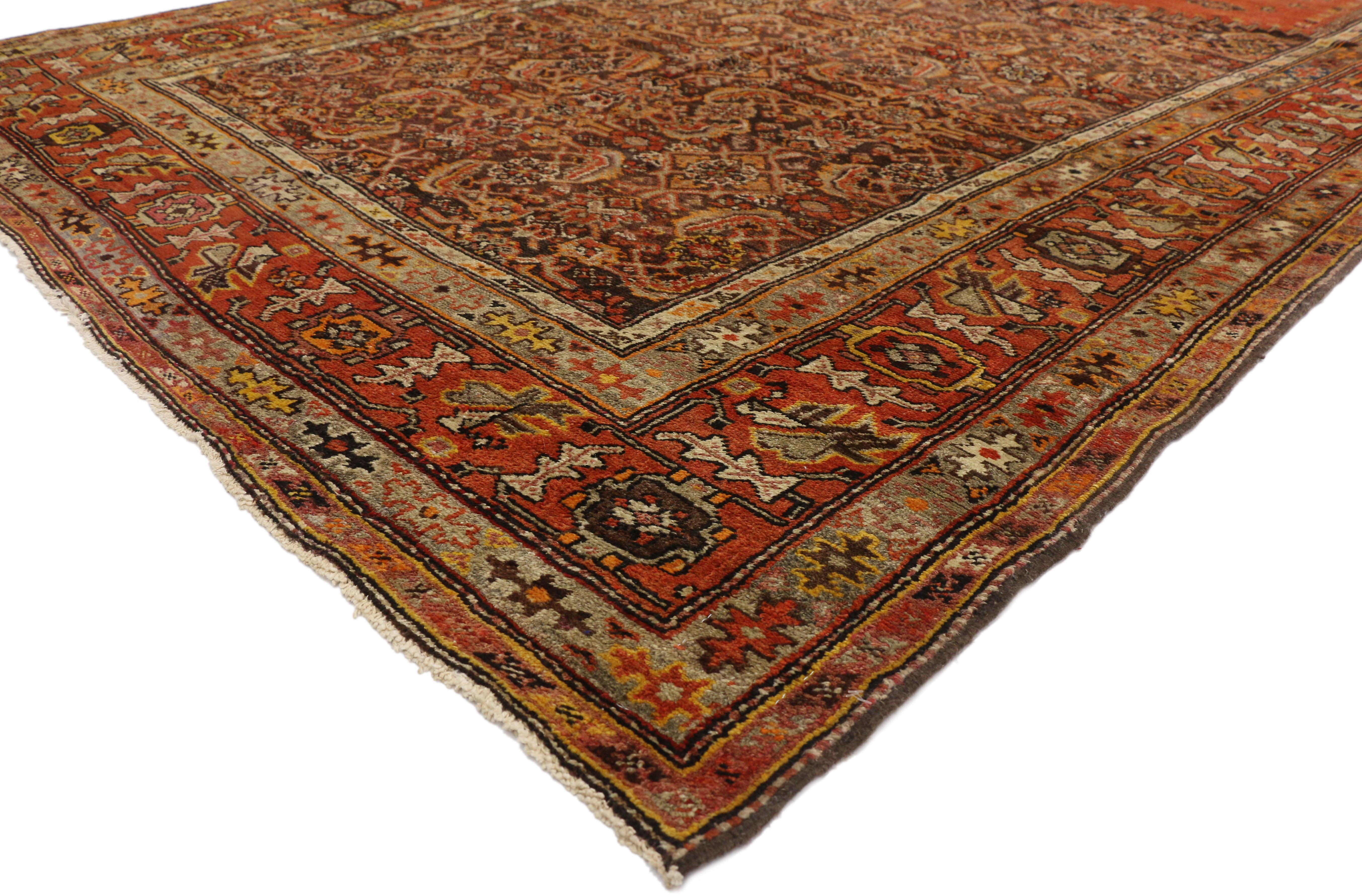 76488, antique Persian Malayer Gallery rug, long and wide Persian runner with Mid-Century Modern style. Create a warm and welcoming interior with this hand knotted wool antique Persian Malayer Gallery rug. It features a center latch-hook medallion
