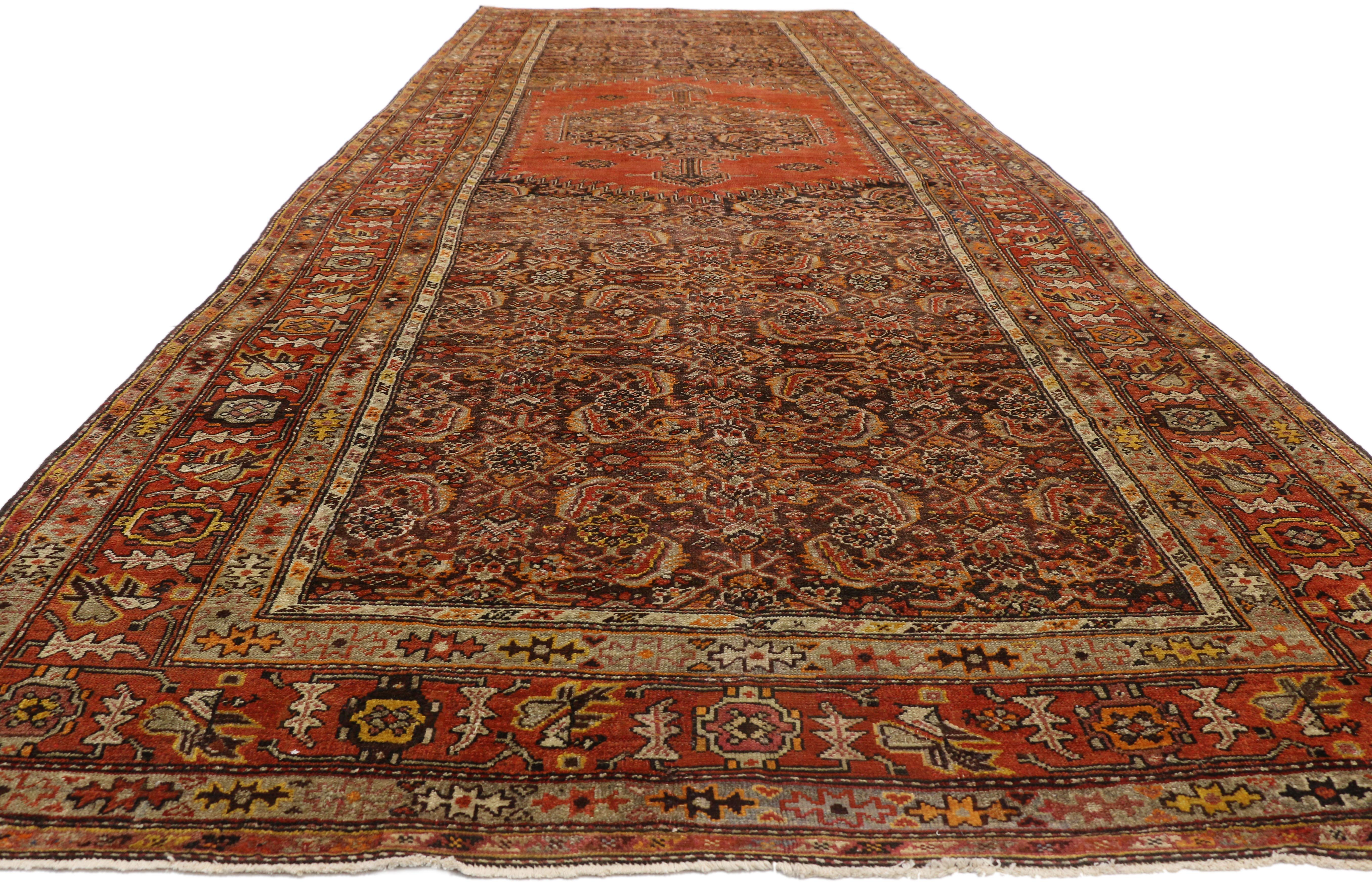 Hand-Knotted Antique Persian Malayer Gallery Rug Extra-Long Rug with Mid-Century Modern Style For Sale