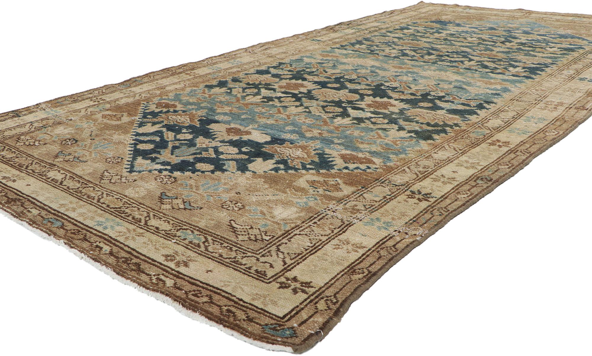 60955 antique Persian Malayer Gallery rug, 04'08 x 09'08. With its lovingly time-worn composition and effortless beauty, this hand-knotted wool distressed vintage Persian Malayer gallery rug is a captivating vision of woven beauty. The abrashed