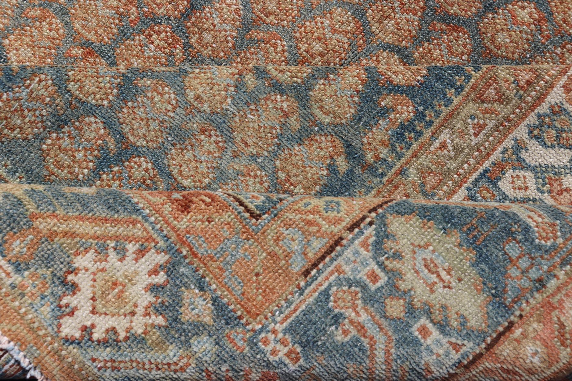 Antique Persian Malayer Gallery Rug in Rich Amber and Teal Tones 5'5
