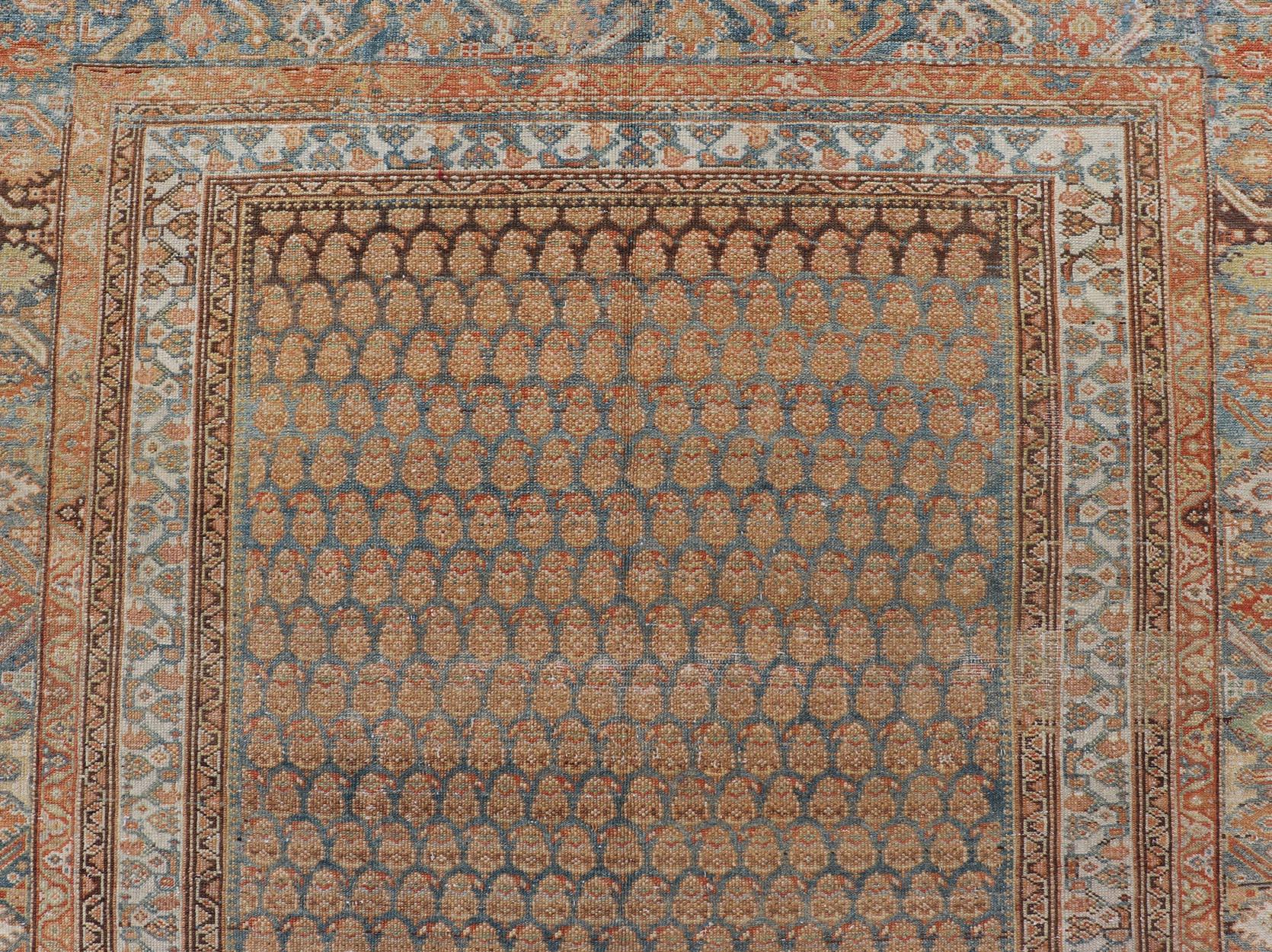 Antique Persian Malayer Gallery Rug in Rich Amber and Teal Tones 5'5