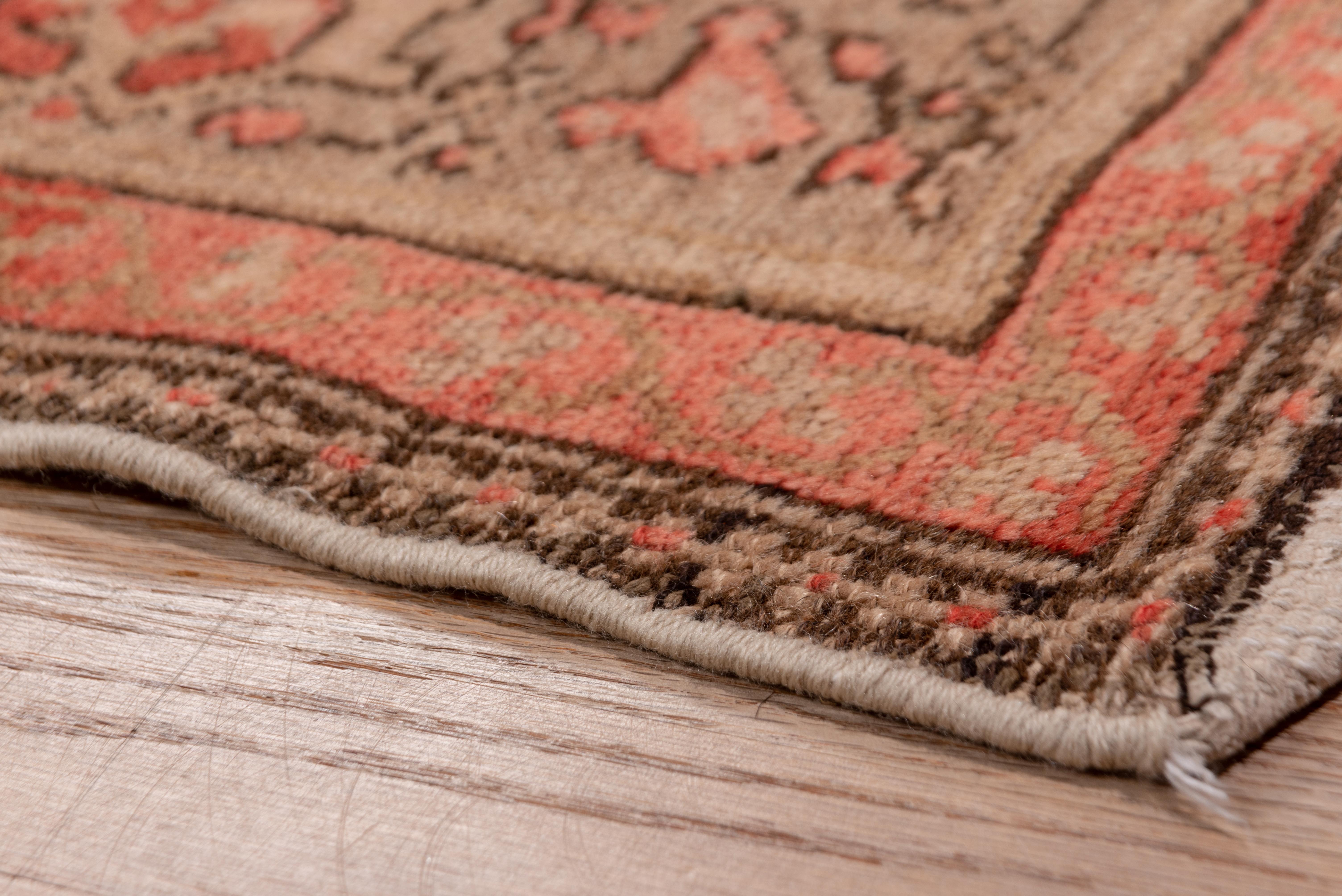 This west Persian village kellegi (long rug) displays a coral-rust field two tone field with a version of the Gol Hennai (Hemp flower) large lattice pattern with sand, straw and chocolate accents. Stencil reversing turtle border. Cotton foundation.
