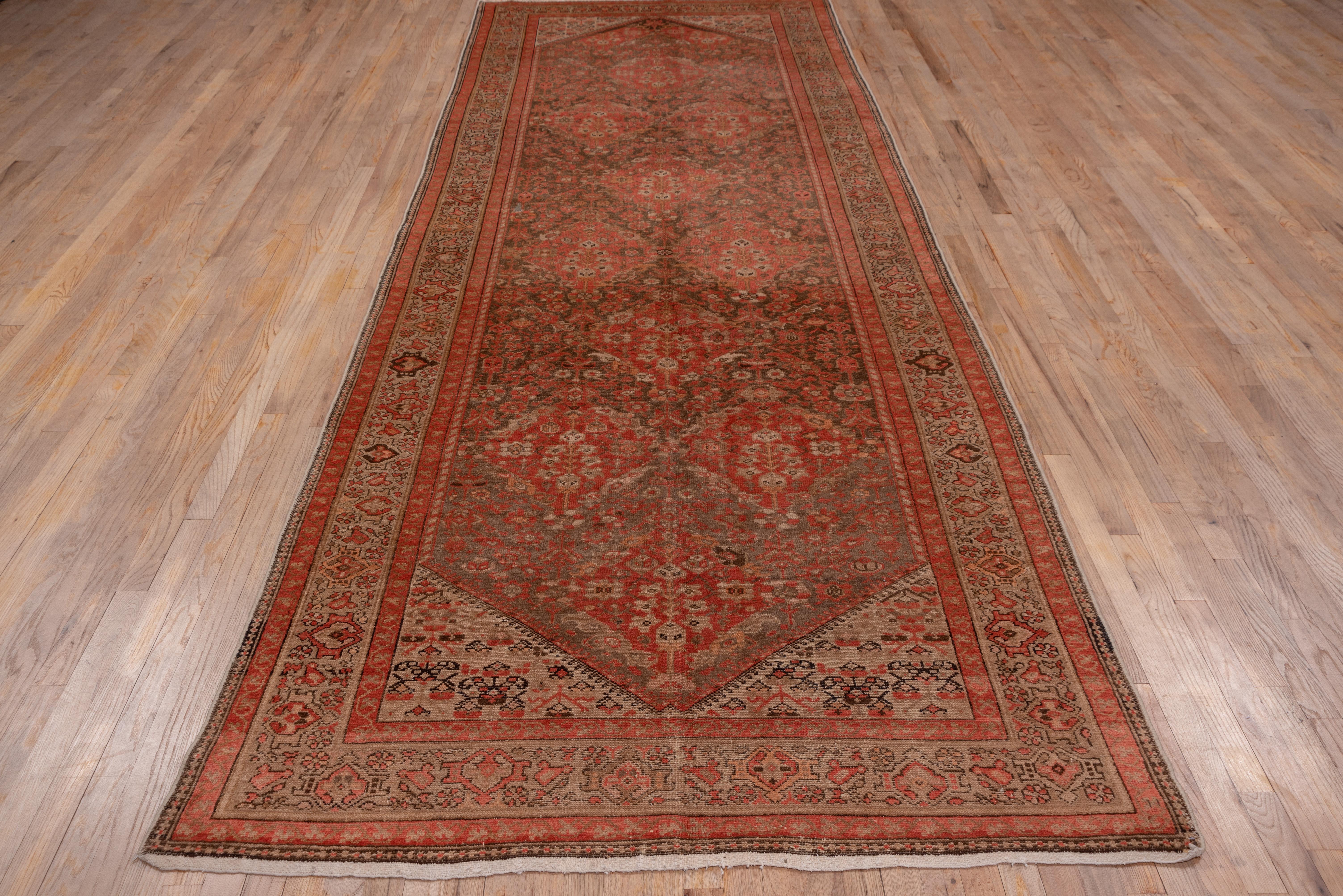 Hand-Knotted Antique Persian Malayer Gallery Rug, Red and Brown Field, Coral Tones For Sale