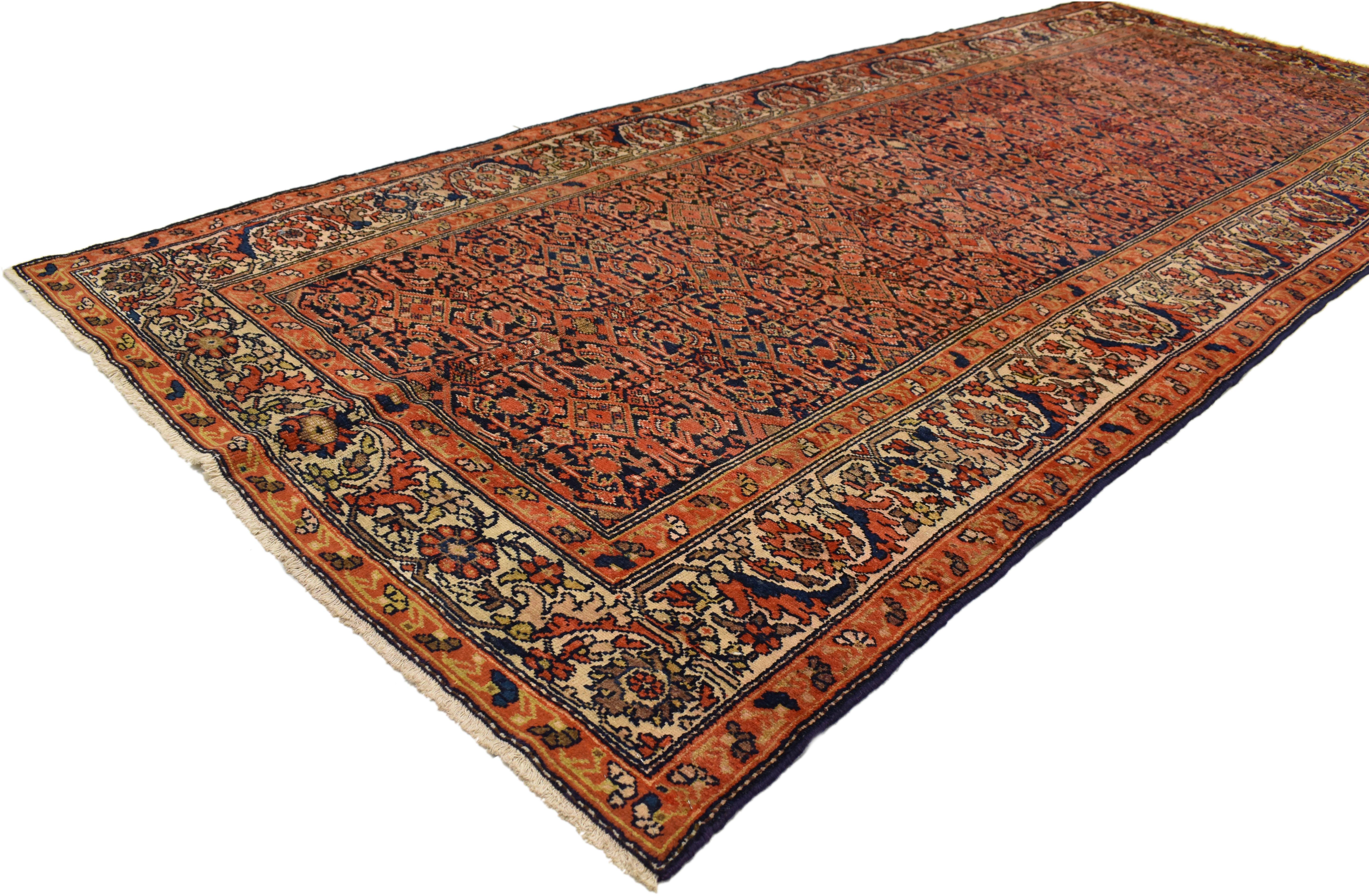 76511, antique Persian Malayer gallery rug, wide hallway runner. Sophisticated and full of character, this antique Persian Malayer gallery rug combines traditional character with modern style. With its refined color palette and bold elemental