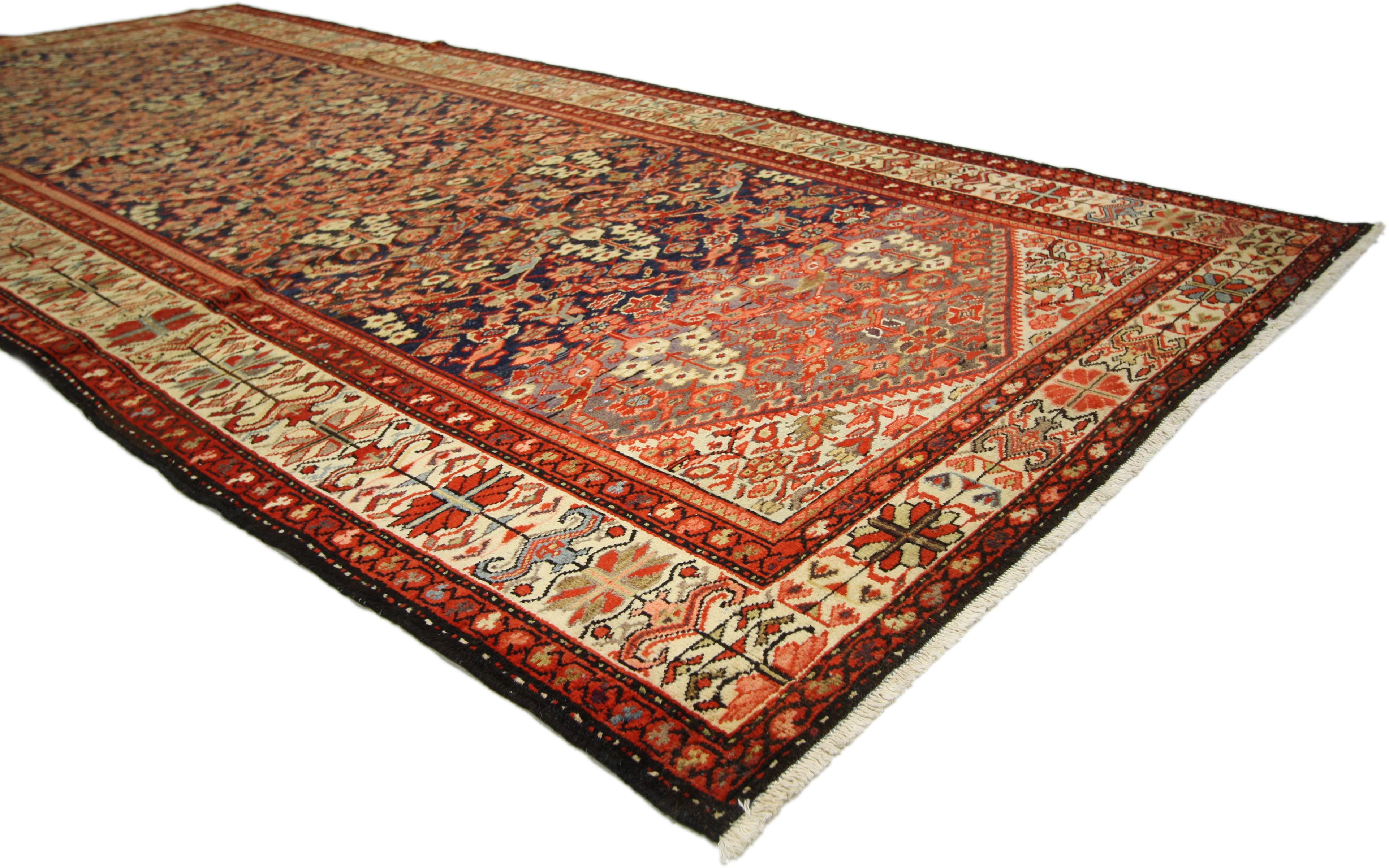 76577, antique Persian Malayer gallery rug, wide hallway runner. Full of character and stately presence, this hand-knotted wool antique Persian Malayer gallery rug showcases an intrinsic geometric MIna Khaki pattern composed of blossoms, Herati,