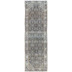 Antique Persian Malayer Gallery Rug with All-Over Blossom Design in Blue & Olive