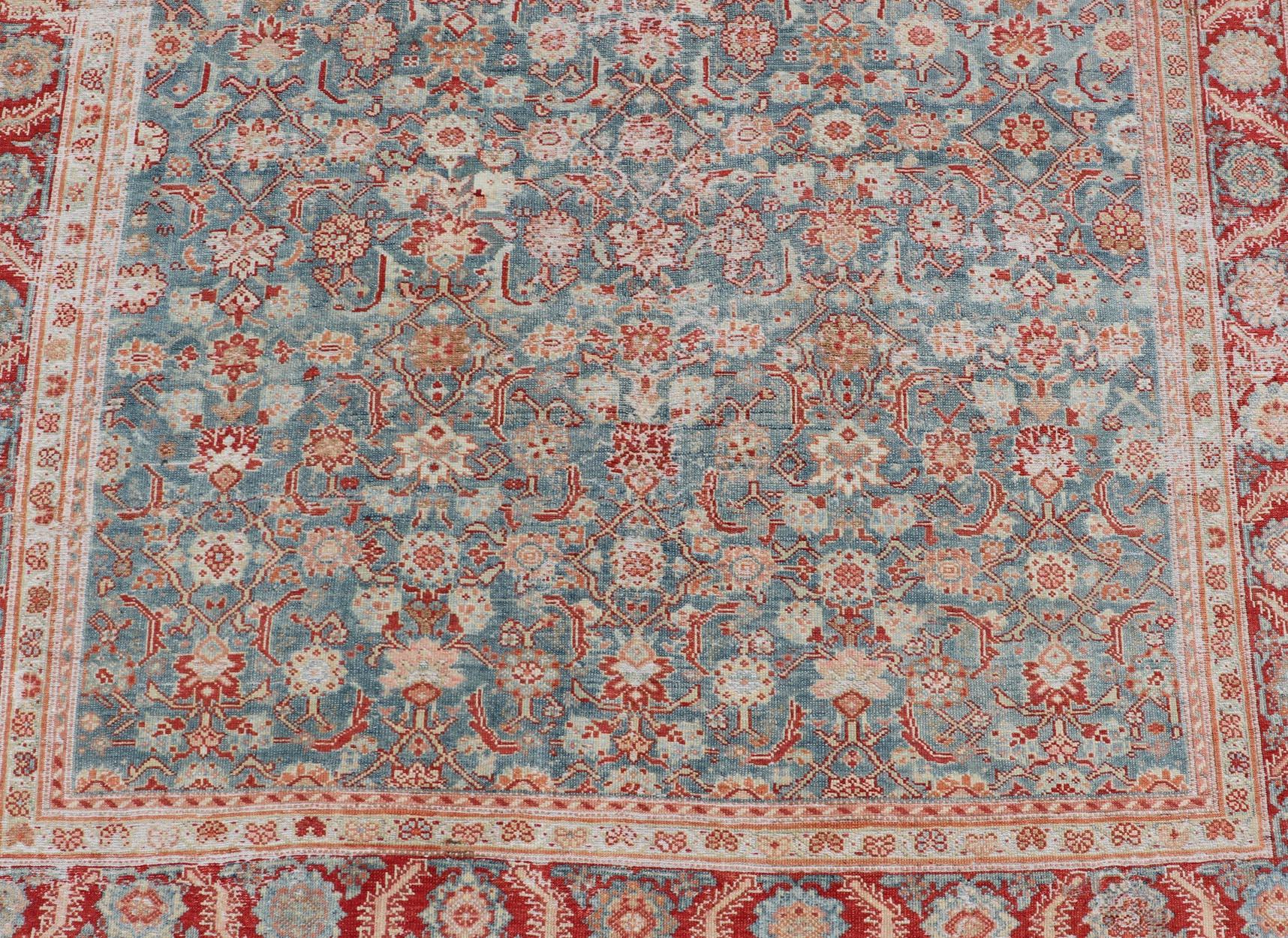 Hand-Knotted Antique Persian Malayer Gallery Rug with All over Design in Blue's and Red For Sale