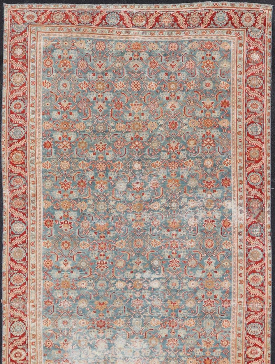 Wool Antique Persian Malayer Gallery Rug with All over Design in Blue's and Red For Sale