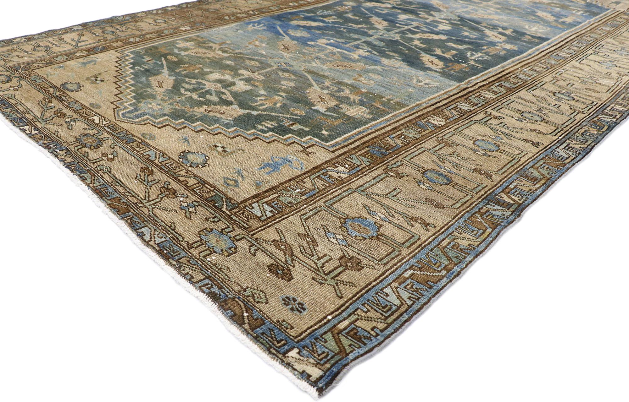 60885 antique Persian Malayer Gallery rug with Greek Mediterranean style. Cleverly composed and poised to impress with its rustic sensibility, this hand knotted wool distressed antique Persian Malayer runner will take on a curated lived-in look that