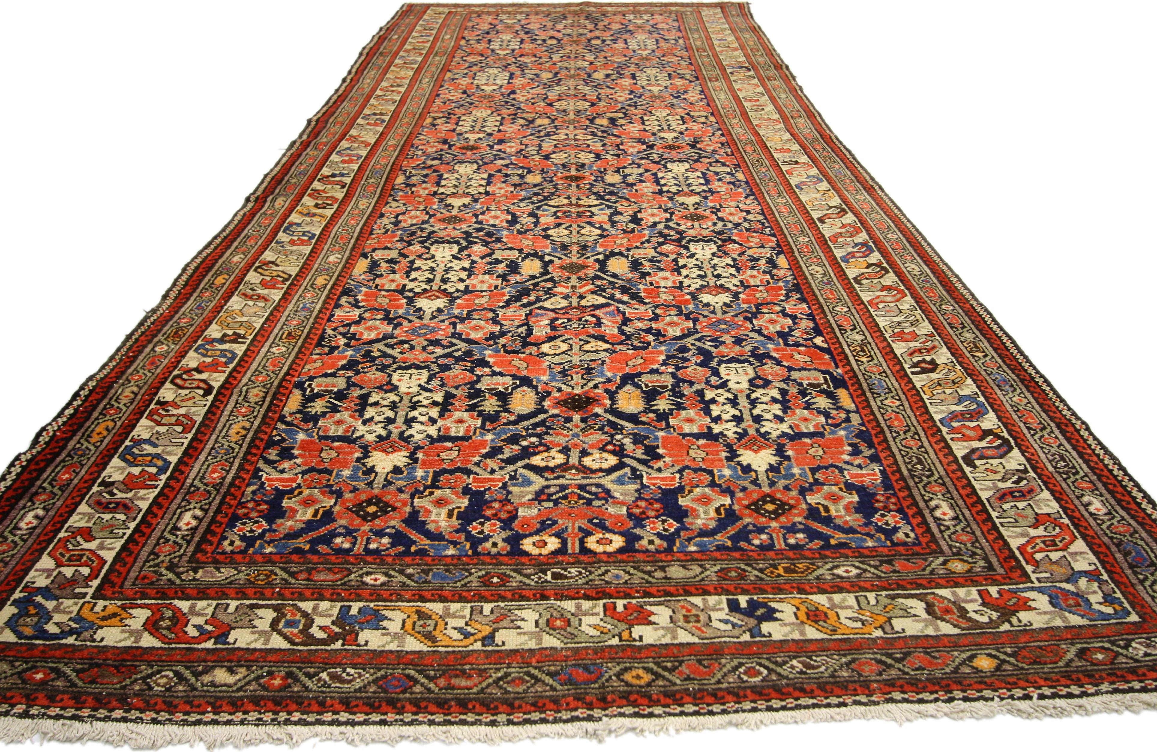 Antique Persian Malayer Gallery Rug with Guli Hannai Flower, Wide Hallway Runner In Good Condition In Dallas, TX