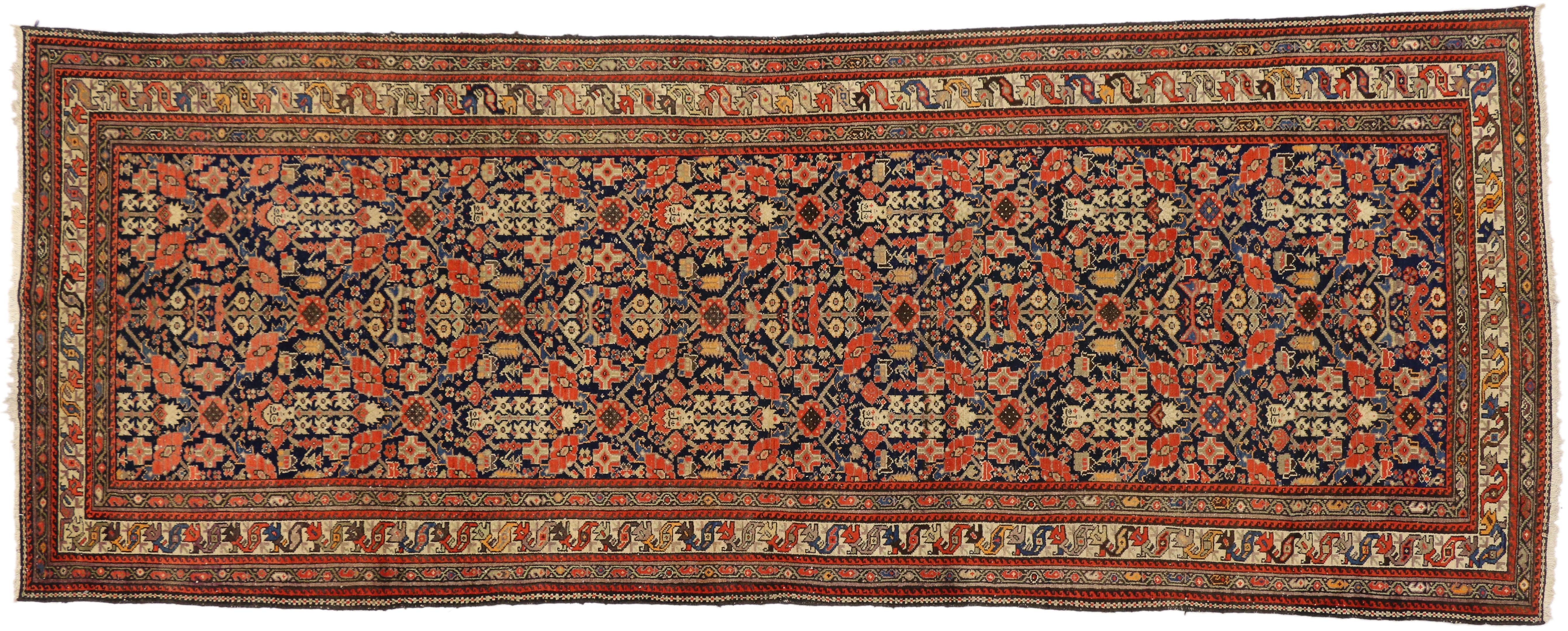 Wool Antique Persian Malayer Gallery Rug with Guli Hannai Flower, Wide Hallway Runner