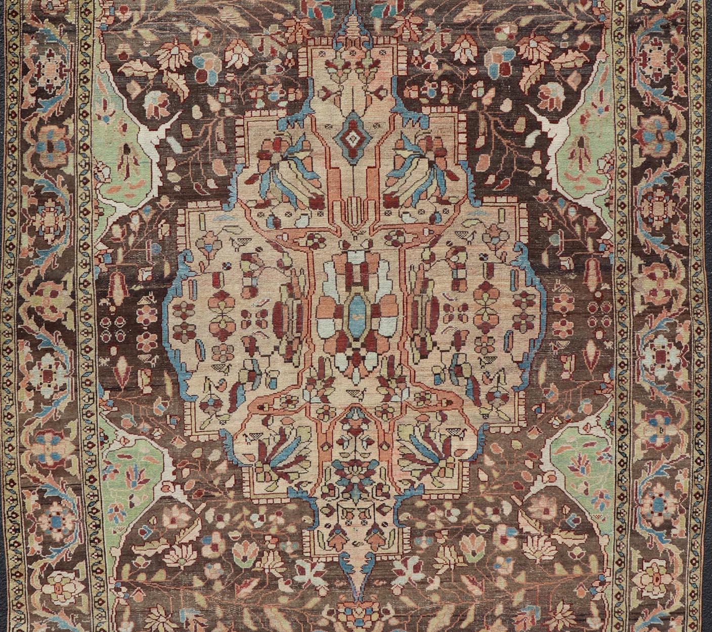Antique Persian Malayer Gallery Rug with Large Floral Medallion With Soft Colors For Sale 4