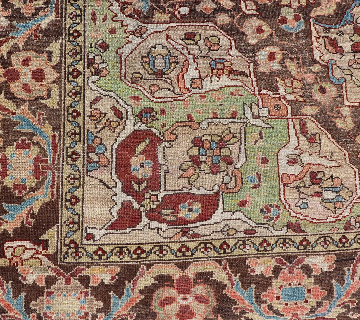 Wool Antique Persian Malayer Gallery Rug with Large Floral Medallion With Soft Colors For Sale