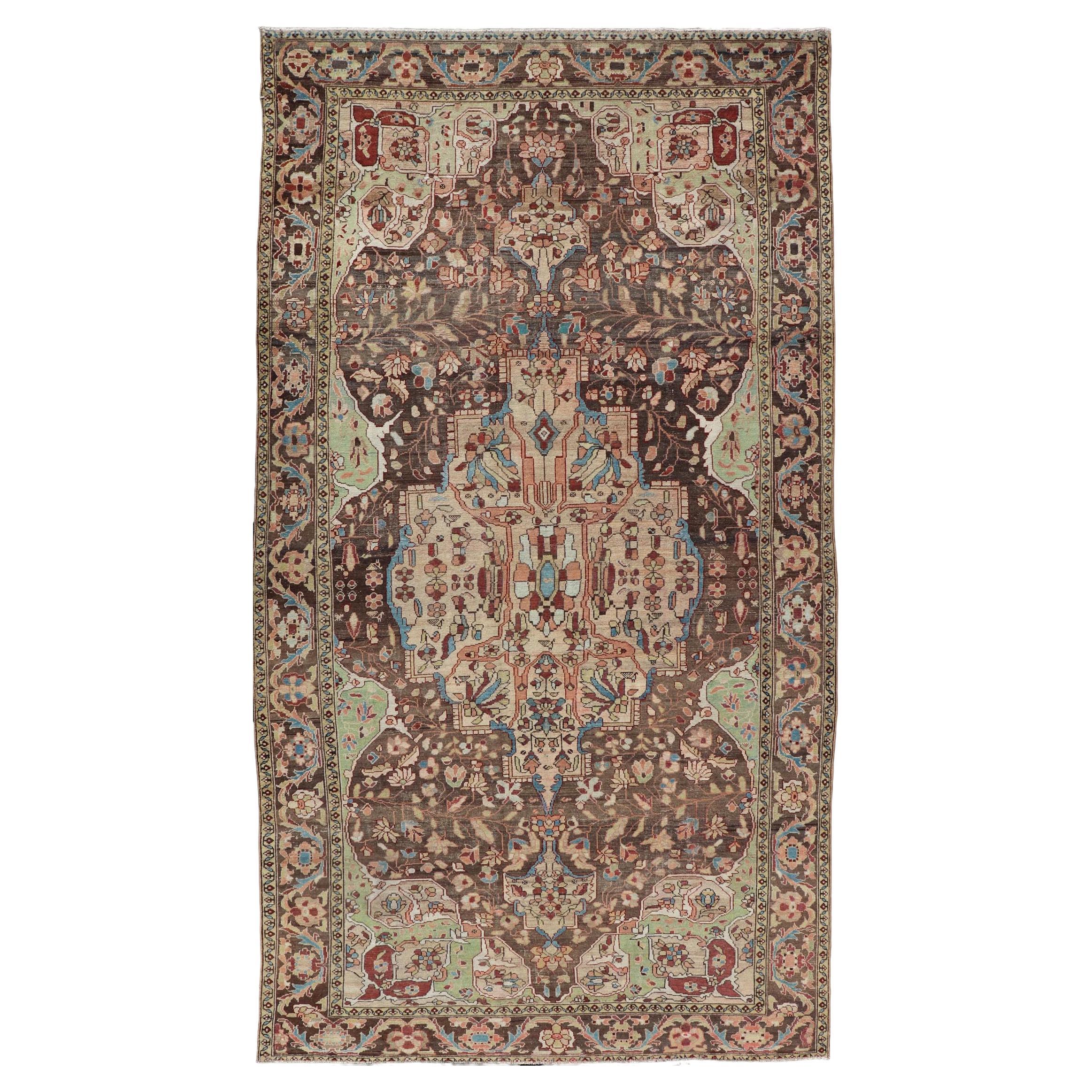 Antique Persian Malayer Gallery Rug with Large Floral Medallion With Soft Colors For Sale