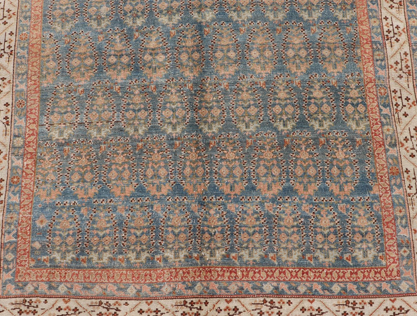 Antique Persian Malayer Gallery Rug with Paisley Design in Light Blue Background For Sale 3
