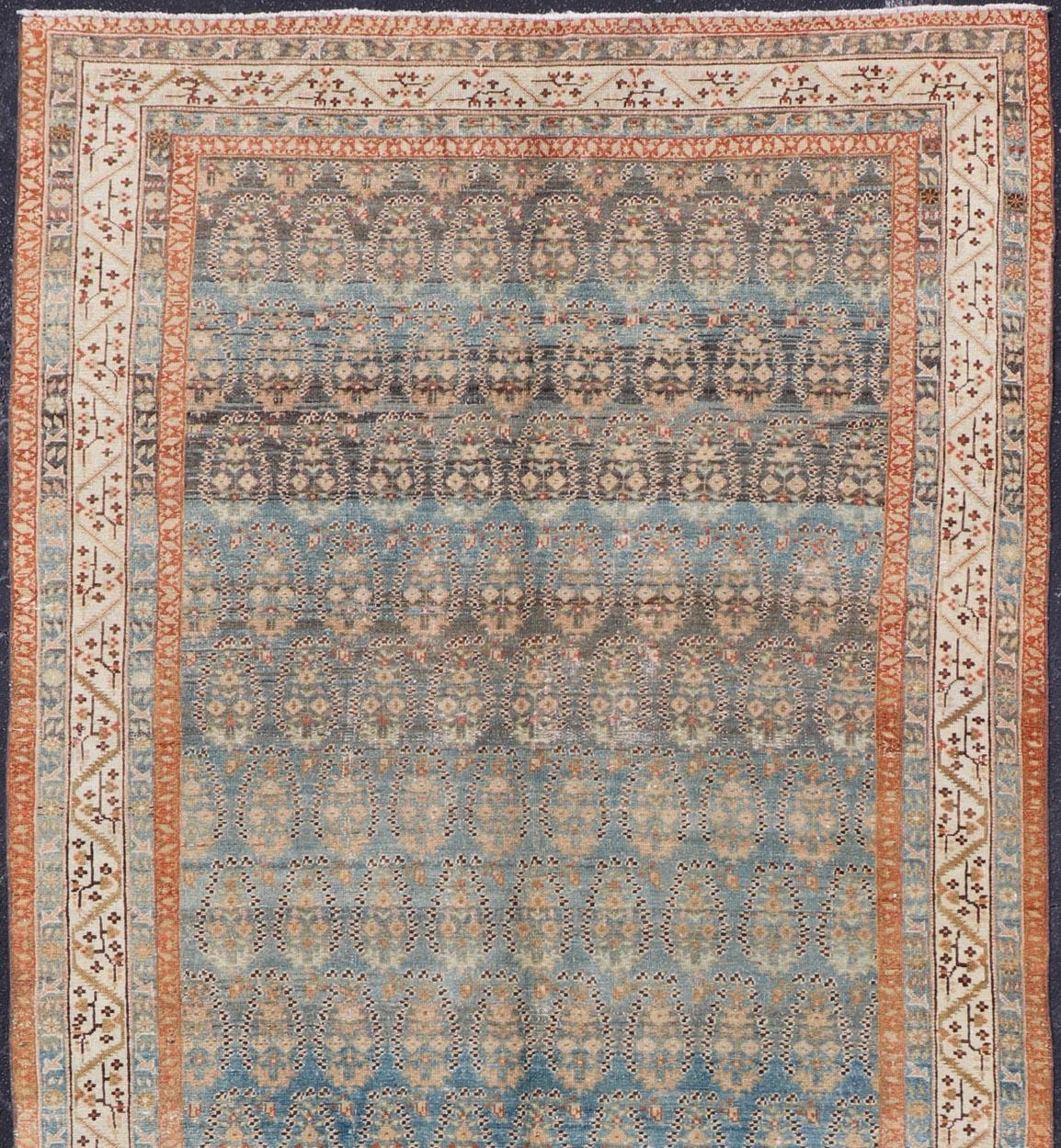 Antique Persian Malayer Gallery rug with Paisley design in light blue background. Persian Antique Malayer Gallery Rug with Floral Geometric Design, rug 19-0206, country of origin / type: Iran / Malayer, circa 1900.
Measures: 6'1 x 14'6
This