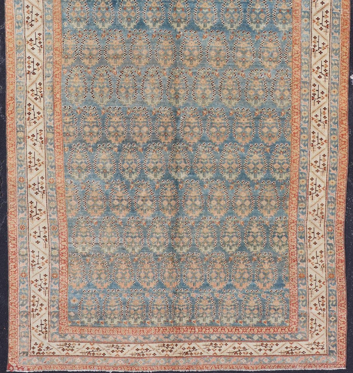 Hand-Knotted Antique Persian Malayer Gallery Rug with Paisley Design in Light Blue Background For Sale