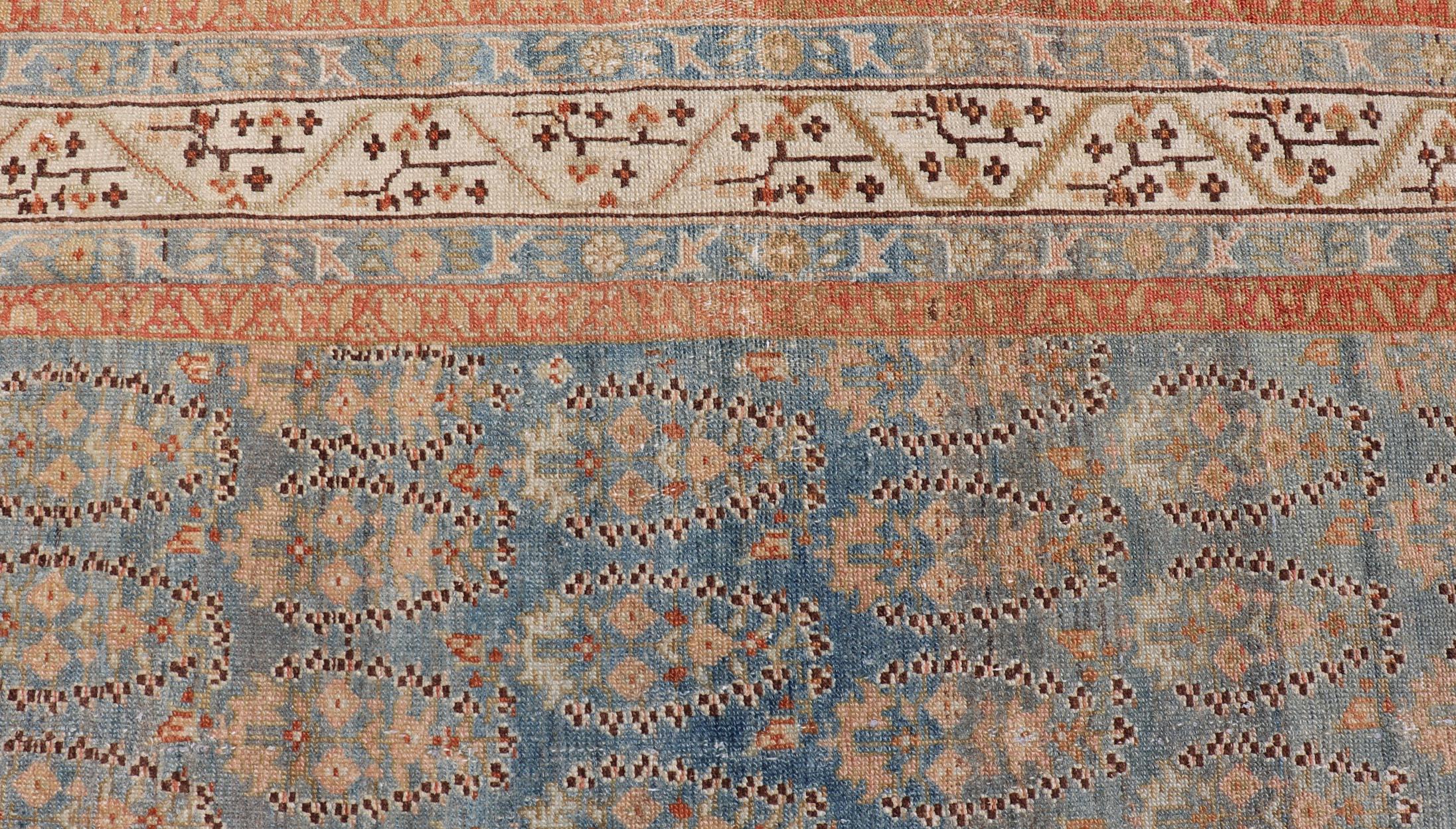 Antique Persian Malayer Gallery Rug with Paisley Design in Light Blue Background For Sale 1