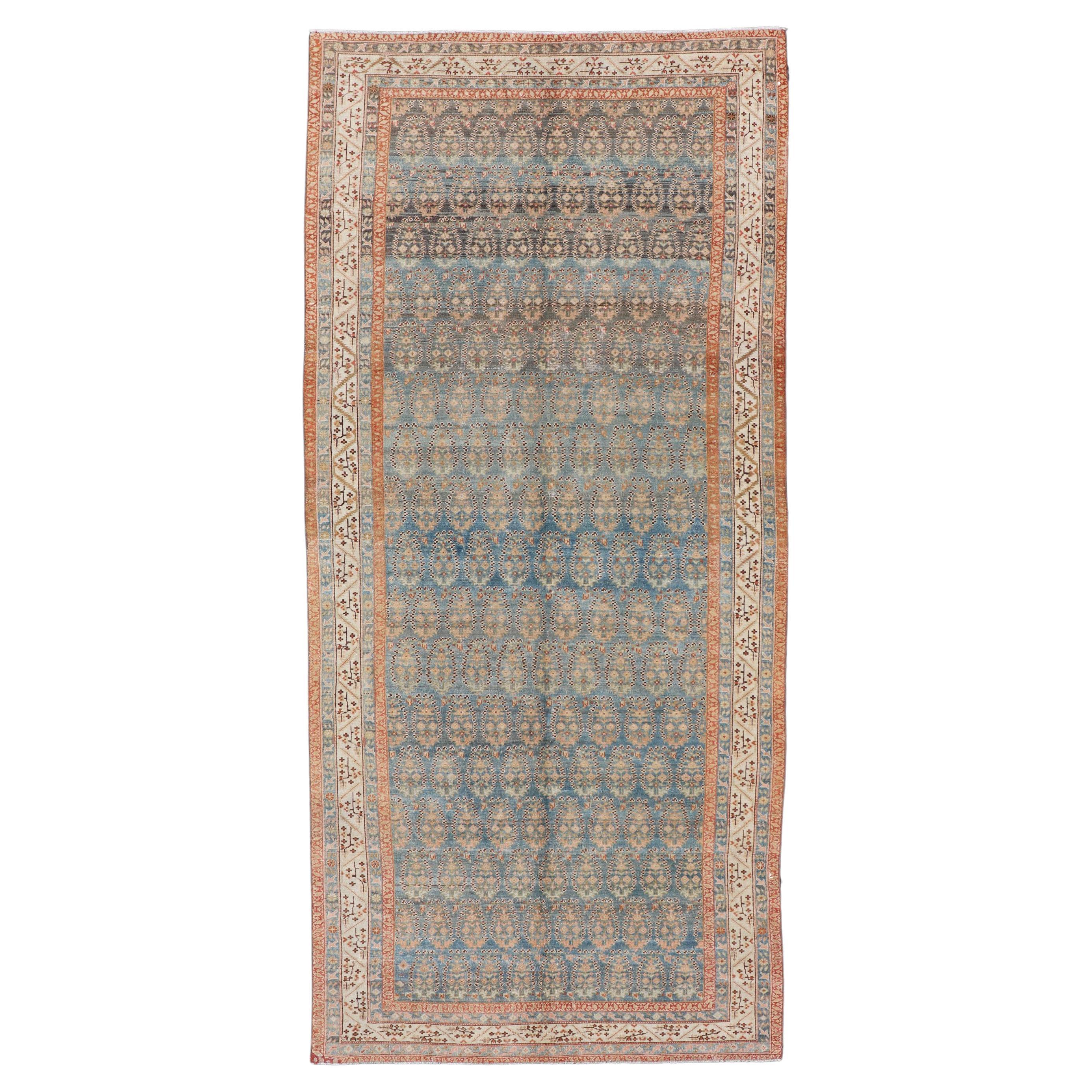 Antique Persian Malayer Gallery Rug with Paisley Design in Light Blue Background For Sale
