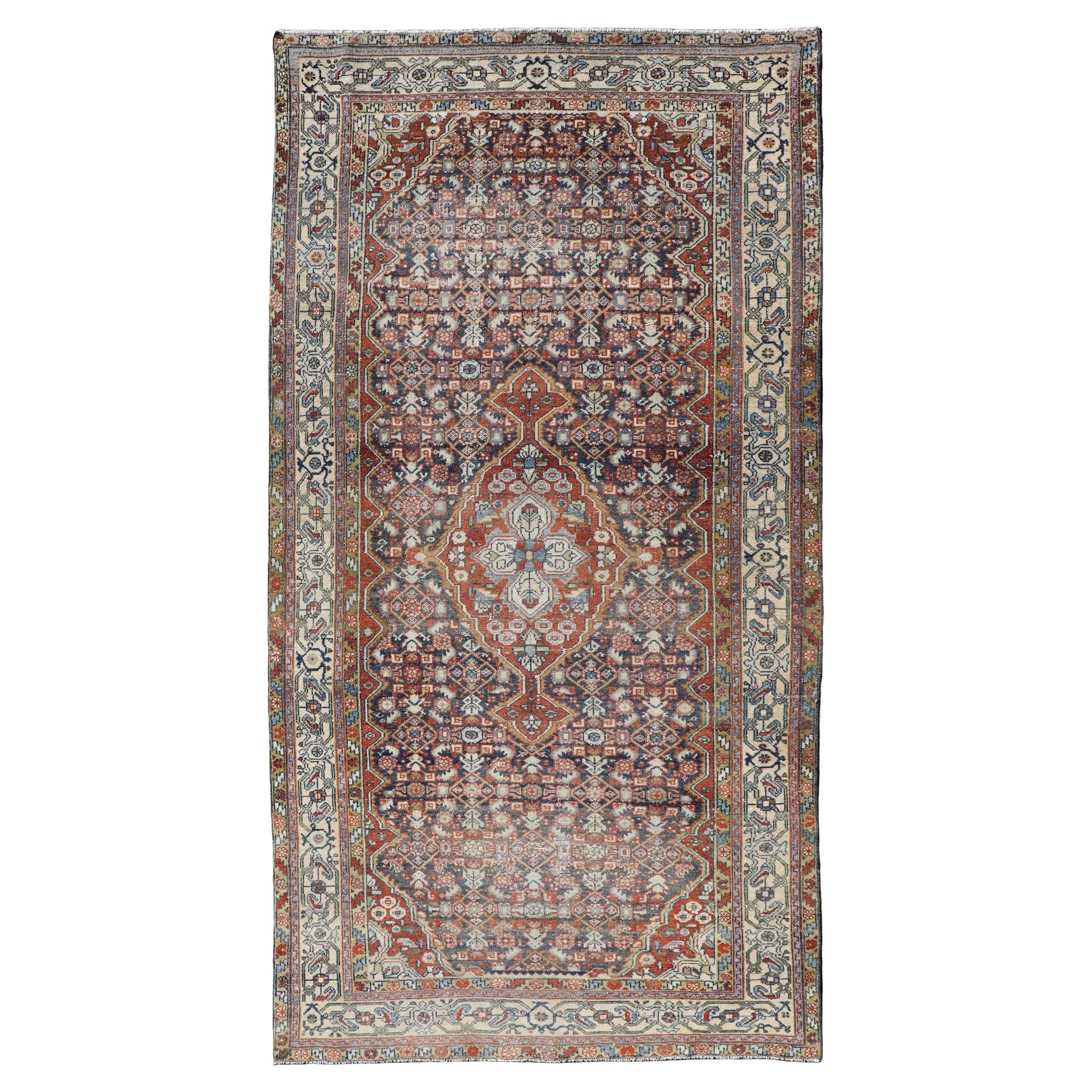 Antique Persian Malayer Gallery Rug with Rich Reds and Gray Blues 5'2 x 10'0