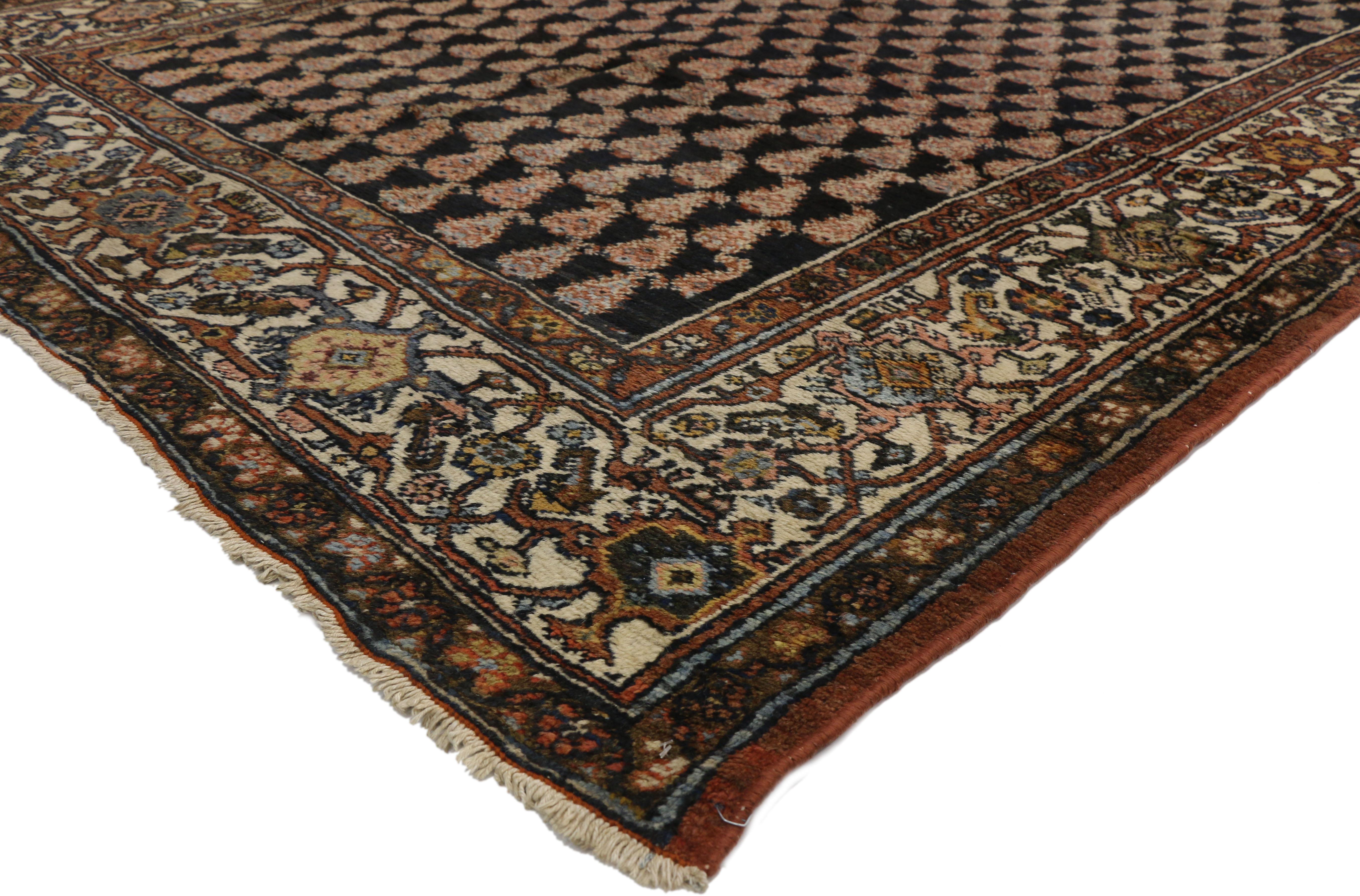 72510 Antique Persian Malayer gallery rug with traditional style and raconteur vibes. Stately and elegant, this hand knotted wool antique Persian Malayer gallery rug features an all-over boteh pattern against a midnight ink blue backdrop. The boteh