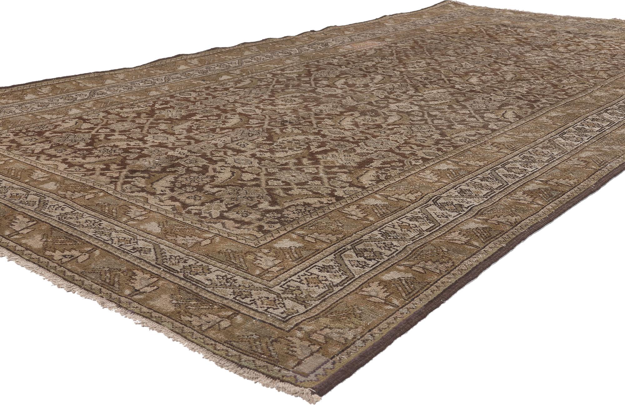 74142 Earth-Tone Antique Persian Malayer Rug, 05'00 x 09'08.
Rich and neutral meets warm and cozy in this antique Persian Malayer rug. The geometric Herati design and neutral colors woven into this piece work together creating a soft and subtle yet