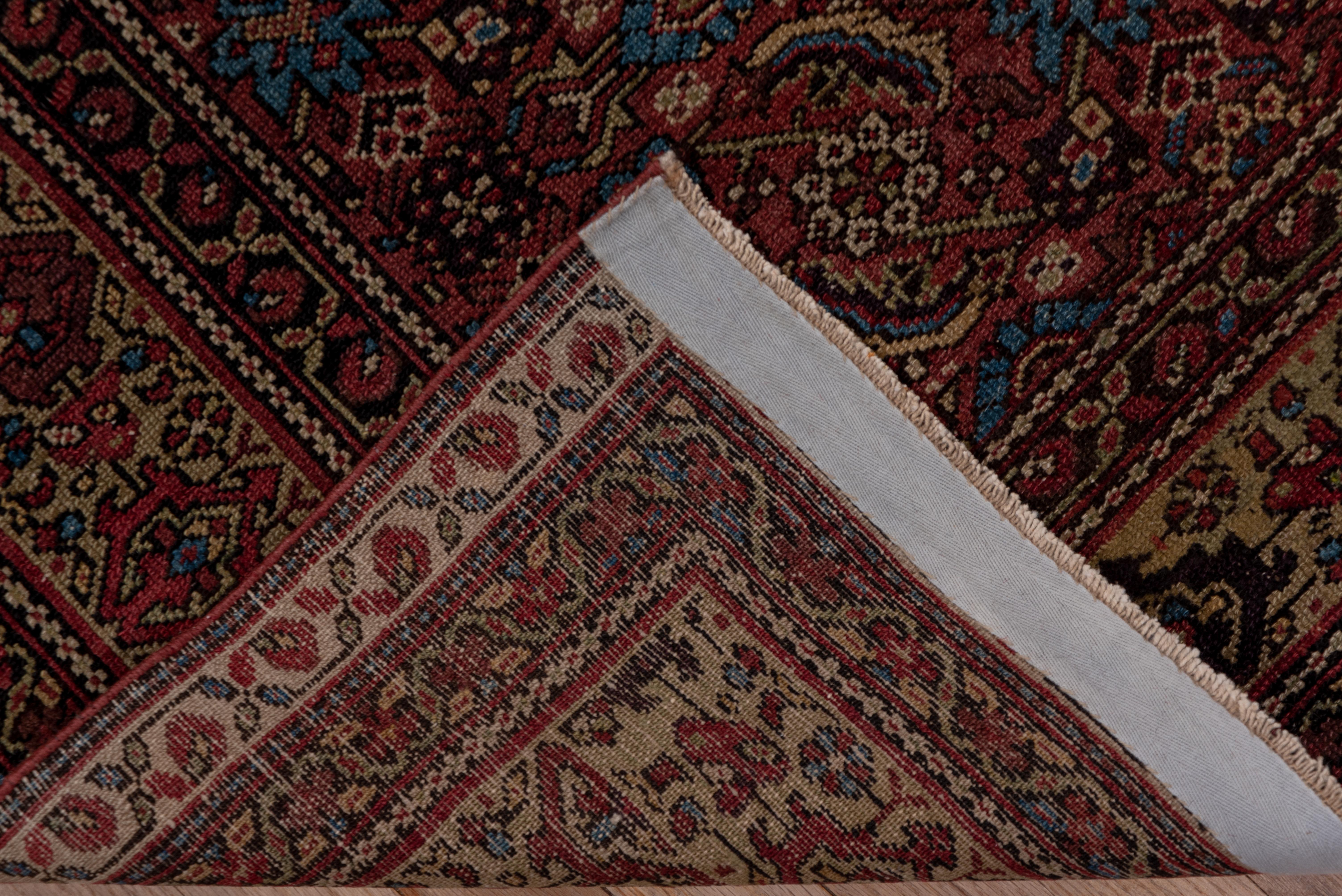 The cardinal red field shows a proper rendering of the allover Herati design with prominent oneway palmettes and rotating double sickle leaves. Straw-camel border with simple reversing turtles. Quality west Persian village work with medium weave.