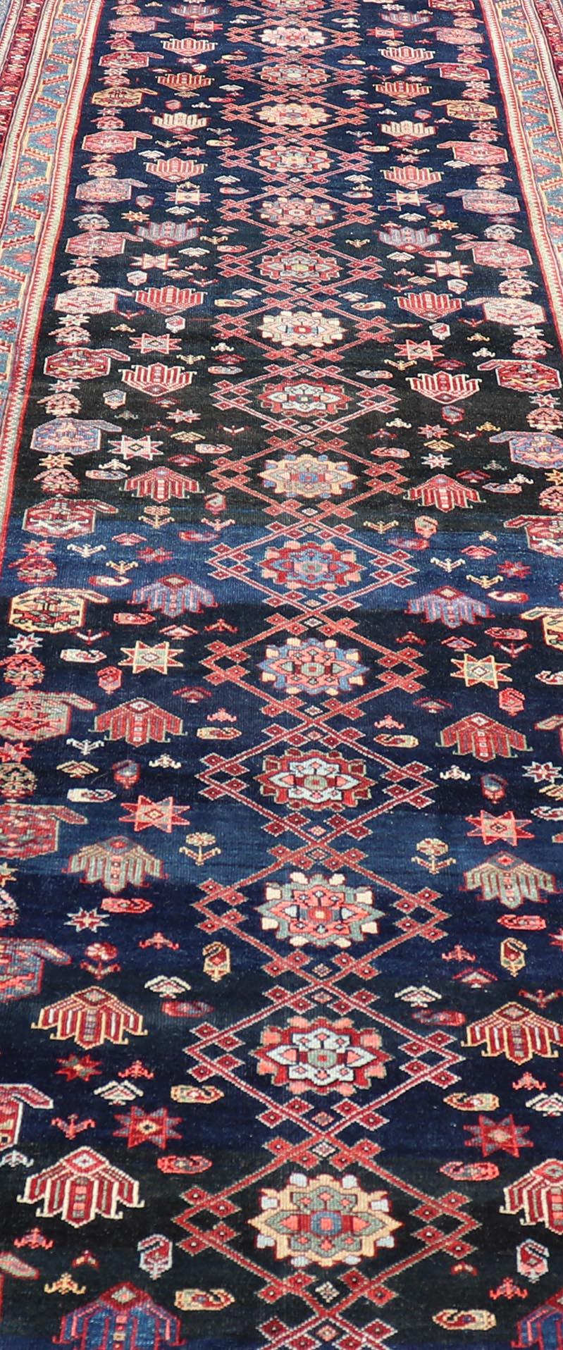 Hand-Knotted Antique Persian Malayer Gallery Runner in Blue Background with Multi Colors For Sale