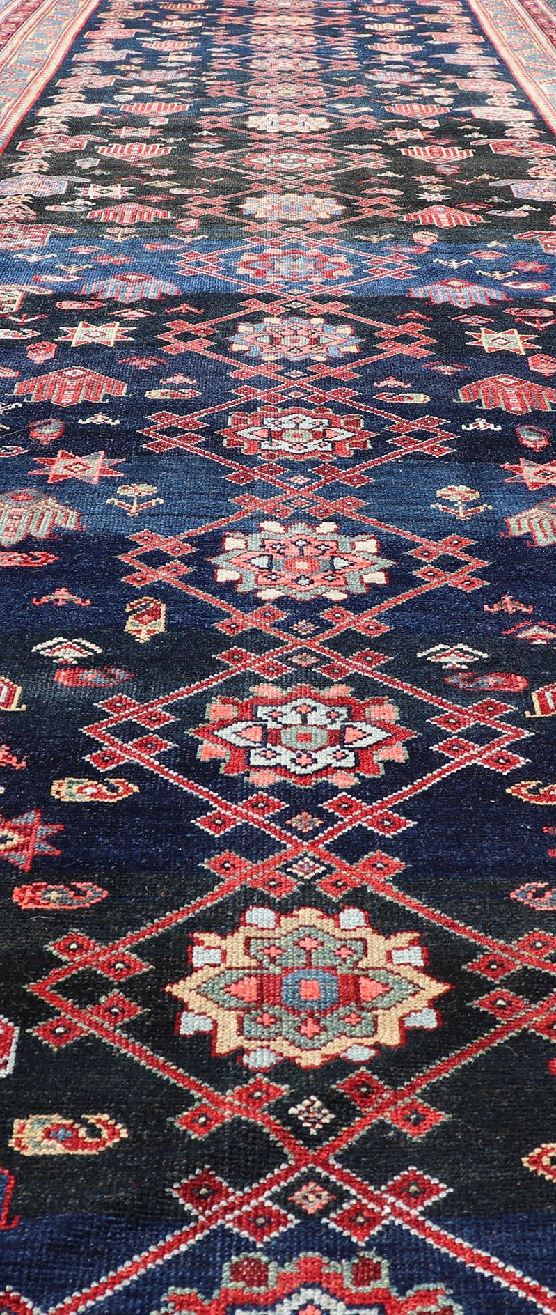 Antique Persian Malayer Gallery Runner in Blue Background with Multi Colors In Good Condition For Sale In Atlanta, GA