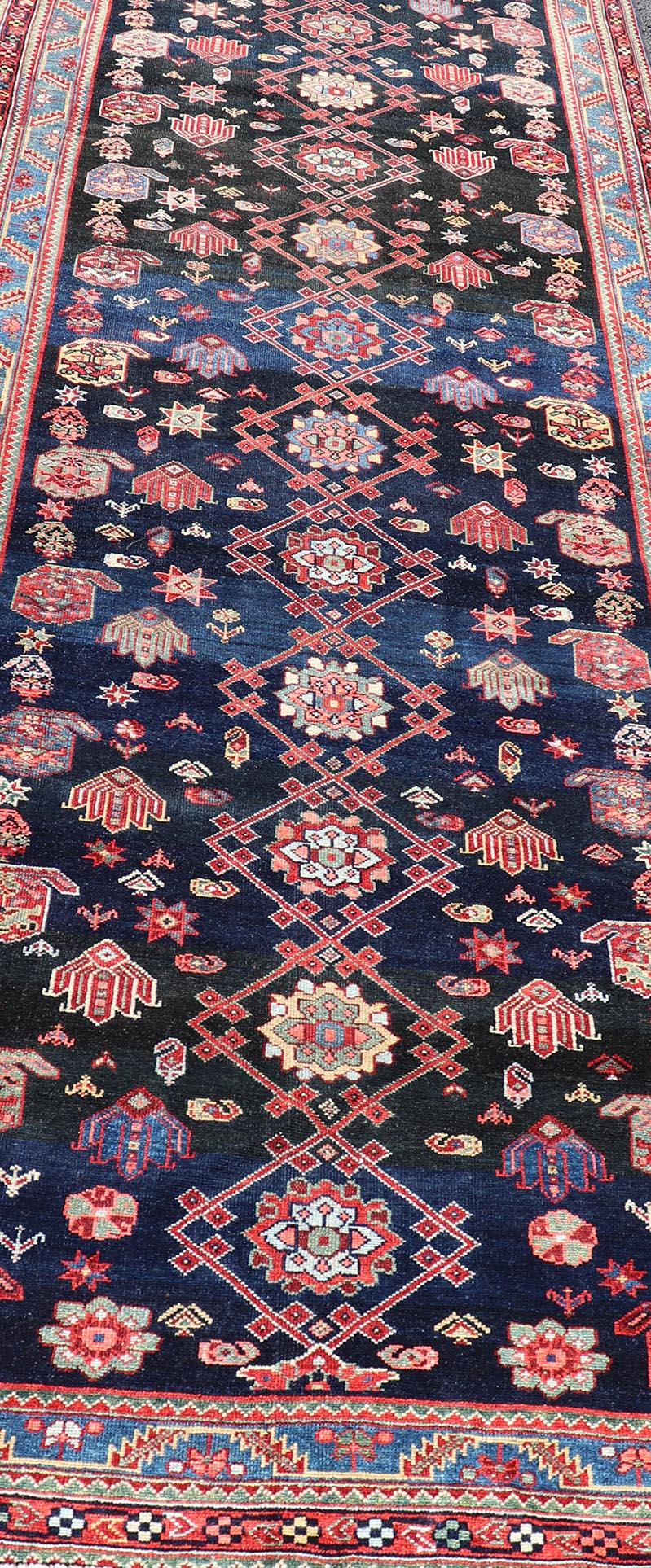 20th Century Antique Persian Malayer Gallery Runner in Blue Background with Multi Colors For Sale