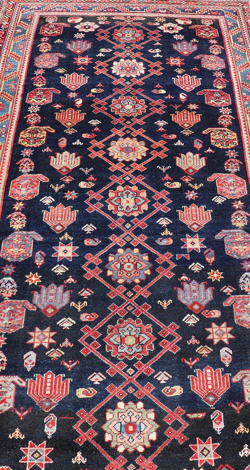 Wool Antique Persian Malayer Gallery Runner in Blue Background with Multi Colors For Sale